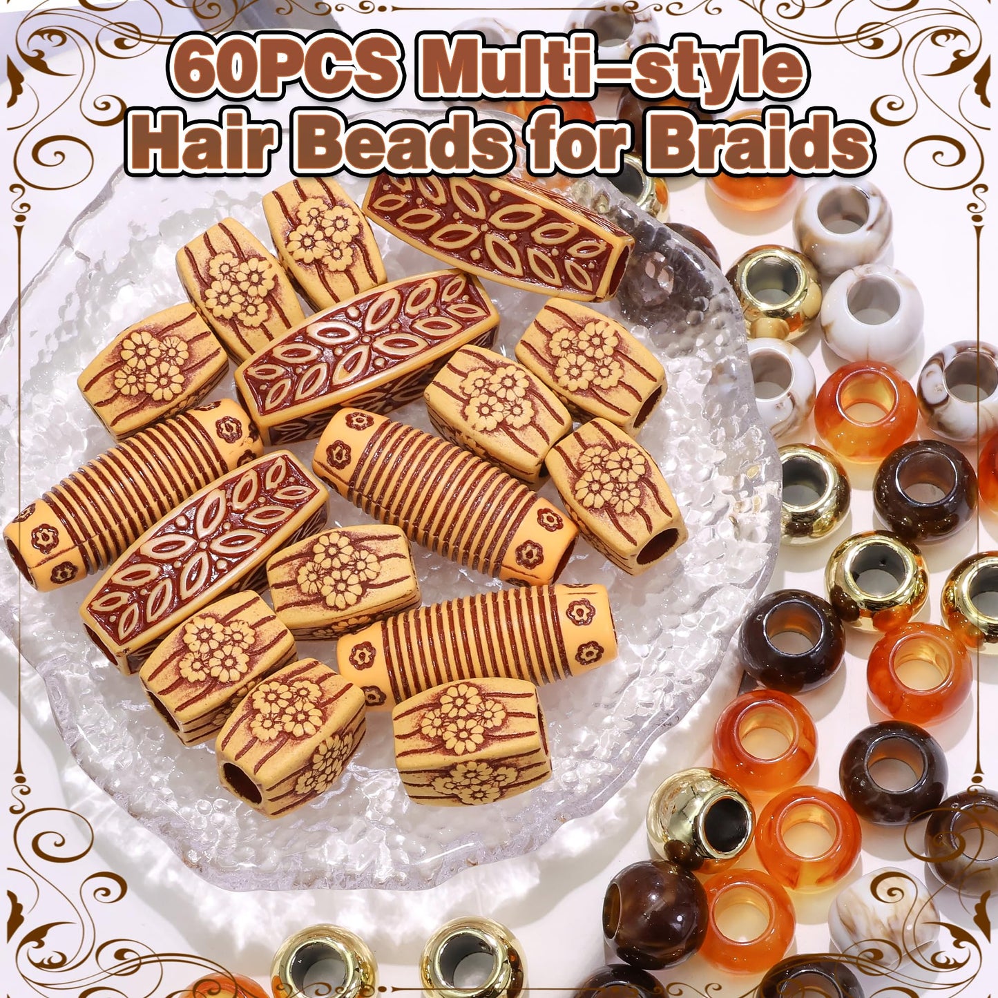 NAISKA 60PCS Wood Hair Beads for Braids Brown Long Tube Beads 7 Styles Hair Jewelry for Women Braids Acrylic Round Imitation Wood Dreadlock Bead African Braids Accessories for Women Girls