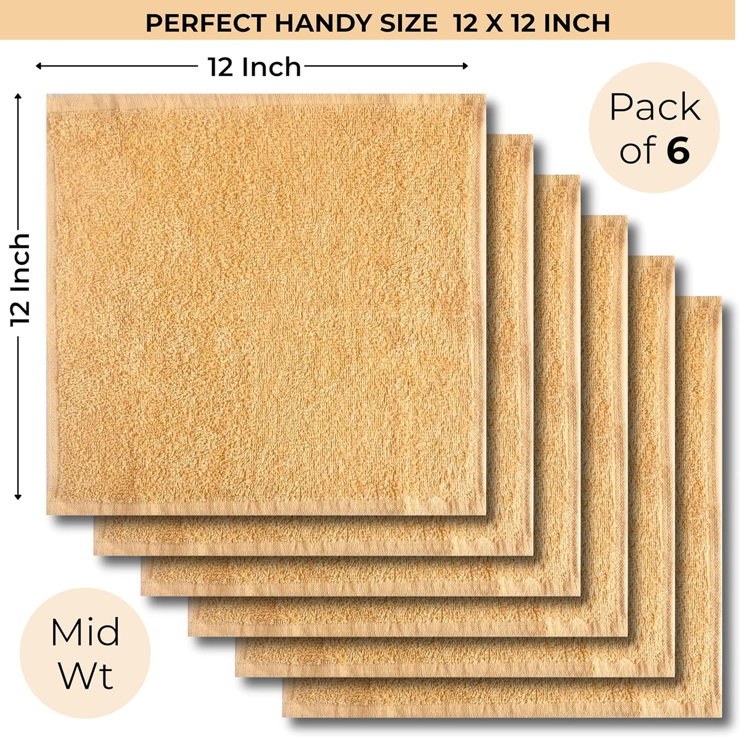 100% Cotton Wash Cloths - Soft Absorbent Shower & Face Towels | 12" x 12" | 6-Pack for Adults & Kids