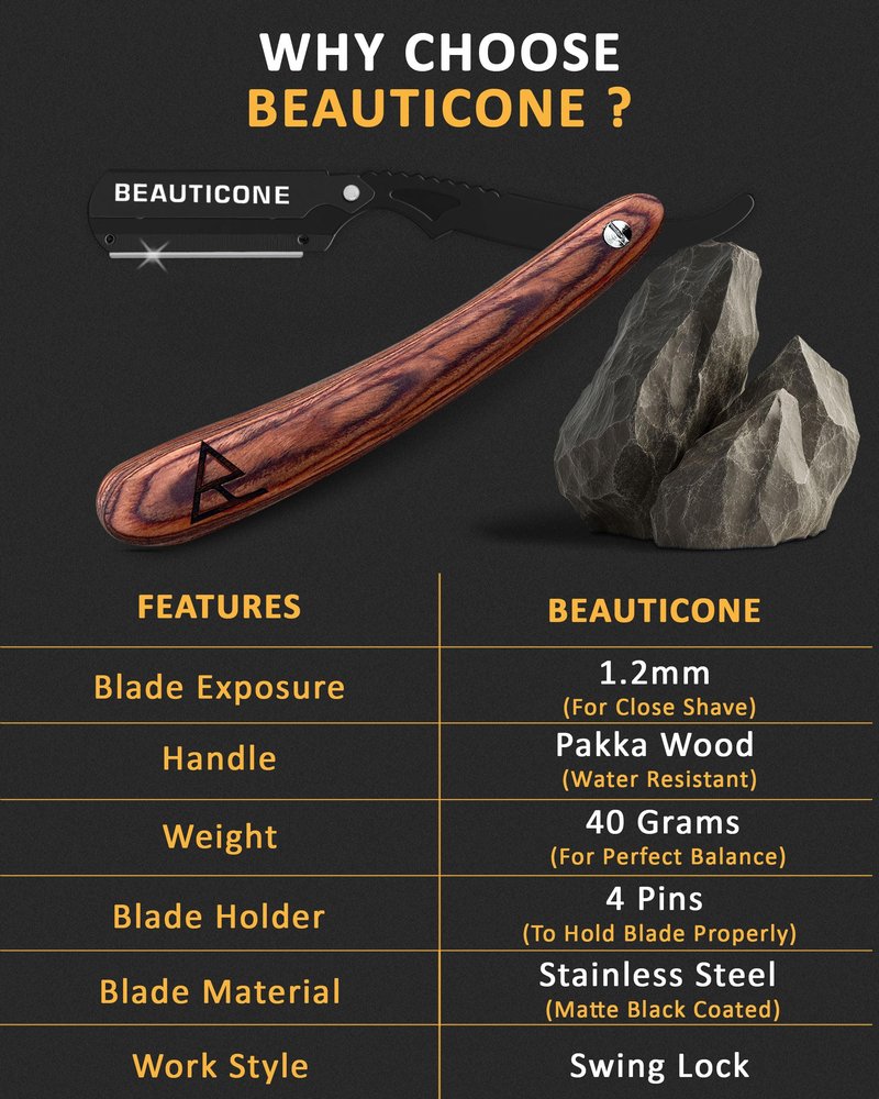 BEAUTICONE Straight Razors for Men, Straight Edge Razor, Single Edge Replacement Blades, Stainless Steel, Barber Razor for Men's Shaving, Barber Shaving Knife