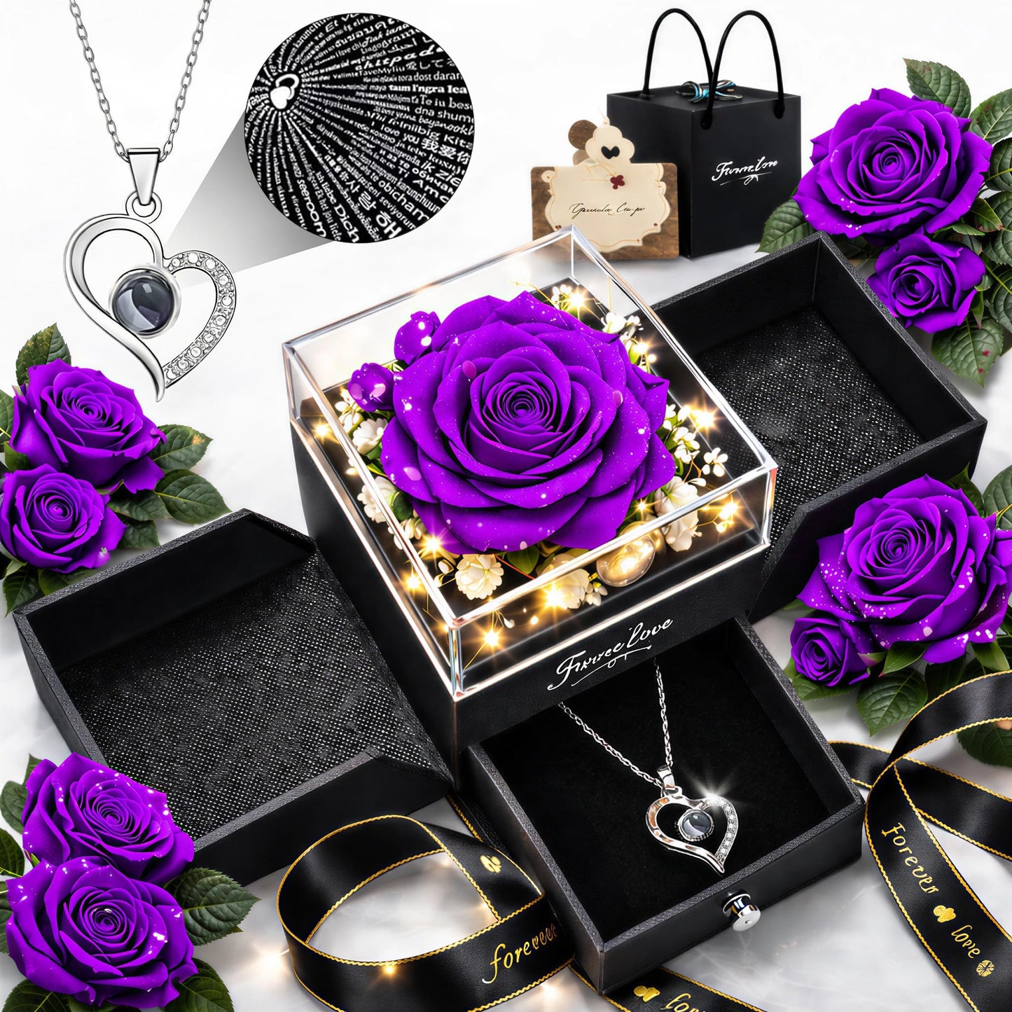 for Mom Wife - Preserved Real Rose Gift Box with Heart Necklace “I Love You” in 100 Languages, Forever Rose Flowers Gifts for Mom, Anniversary Birthday Gift for Her