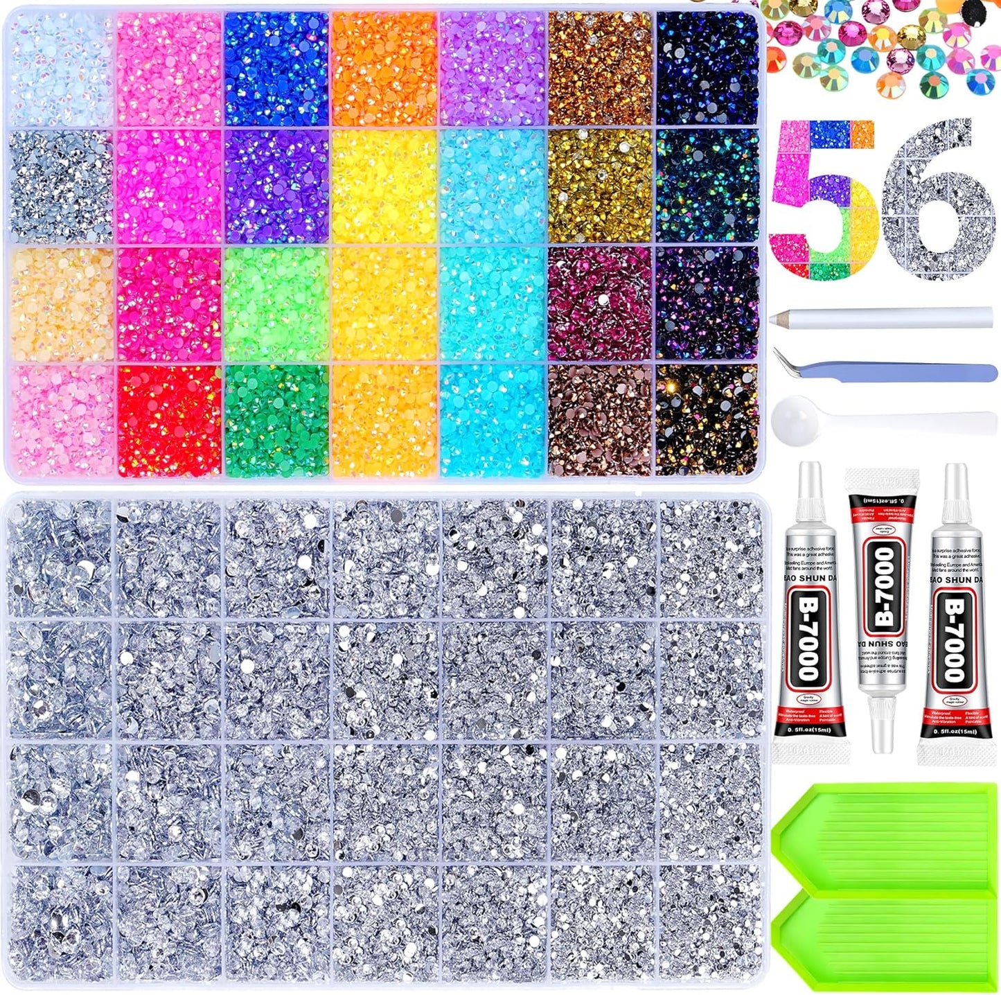 Jelly Rhinestones Kit - 61000 Pcs Multicolor & Silver Flatback Gems | 3mm, 2/3/4/5/6mm for Crafting & Bedazzling