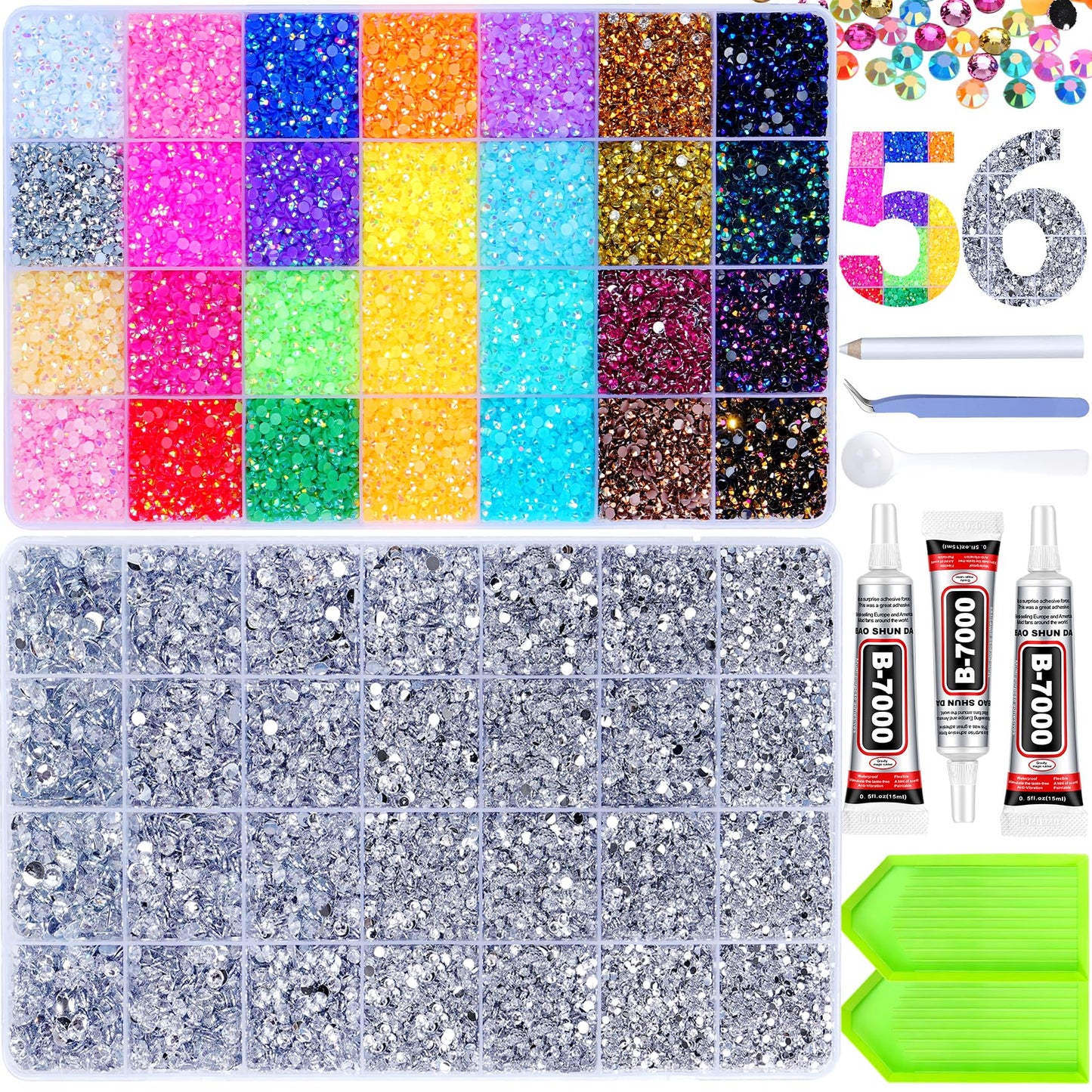 79000Pcs Jelly Rhinestones for Bedazzling, 2 Boxes Multicolor 3mm & Silver Clear 2/3/4/5/6mm Resin Flatback Gems for Crafting, Bedazzler Kit with 3Pcs 15ml B7000 Jewelry Glue for Crafts Clothes Book