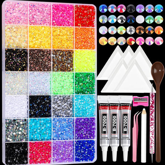 Teenitor Bedazzling Kit 28 Colors Rhinestones Kit, 30000Pcs Flatback Rhinestones for Bedazzling Gems with 3Pcs B7000 Jewelry Glue and Resin Rhinestone Tools for Nail Art Diamond Art Crafts DIY