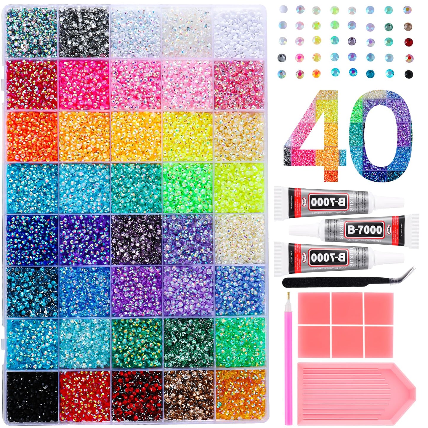OPMADM 41000Pcs Bedazzler Kit with Rhinestones and Tools 40 Colors 3mm Resin Flat Back Rhinestones for Bedazzling Kit DIY Multicolor Bedazzling Gems for Crafting Clothes Cup Shoes Nail Face