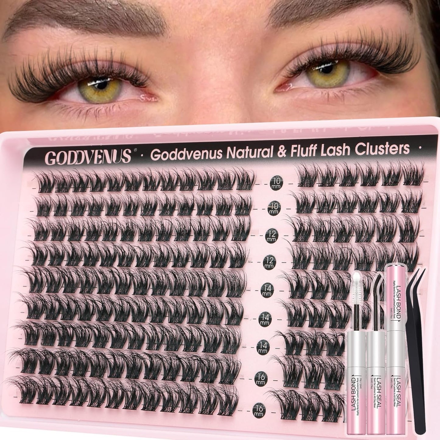 Plush Lash Clusters Kit - Natural Wispy Eyelash Extensions for DIY Home Use | D Curl Individual Lashes with Waterproof Bond
