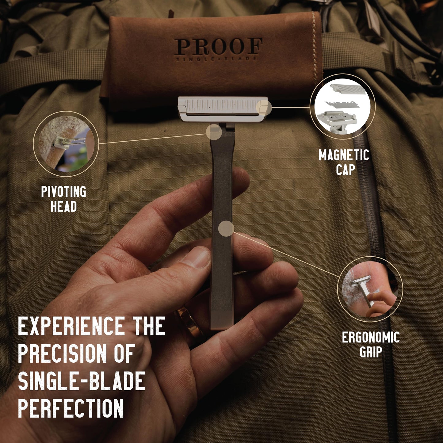 PROOF Select Single Blade Razor for Men with Pivoting Head Made in USA - CNC Machined Aluminum Easy Blade Replacement - Includes Genuine Leather Travel Case, Suction Cup Holder and Safety Razor Blades