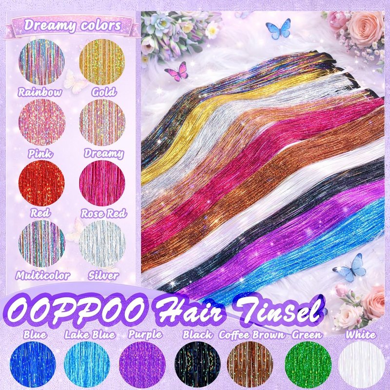 Clip In Hair Tinsel Kit - 26 Inch Colorful Glitter Extensions for Girls & Women | Heat Resistant Sparkly Hair Accessories (Rainbow & Gold)