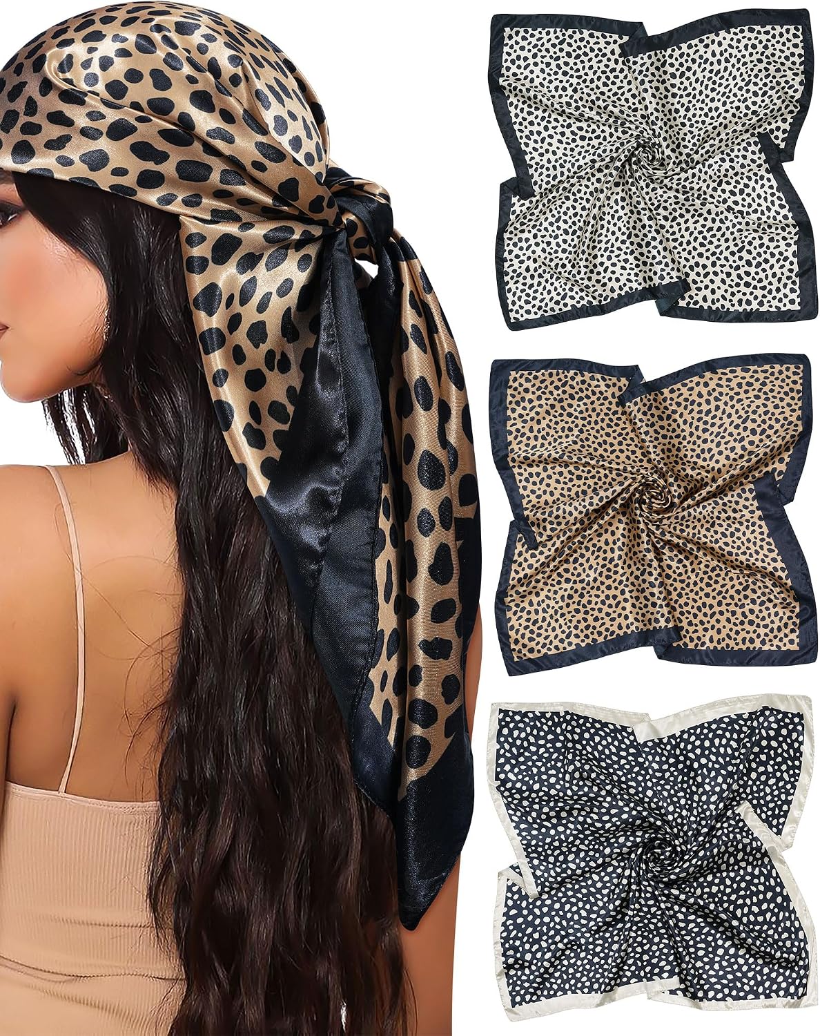 Silk Satin Head Scarf for Women - 35” Square Bandanas | 3 Pack Hair & Neck Scarves for Sleeping