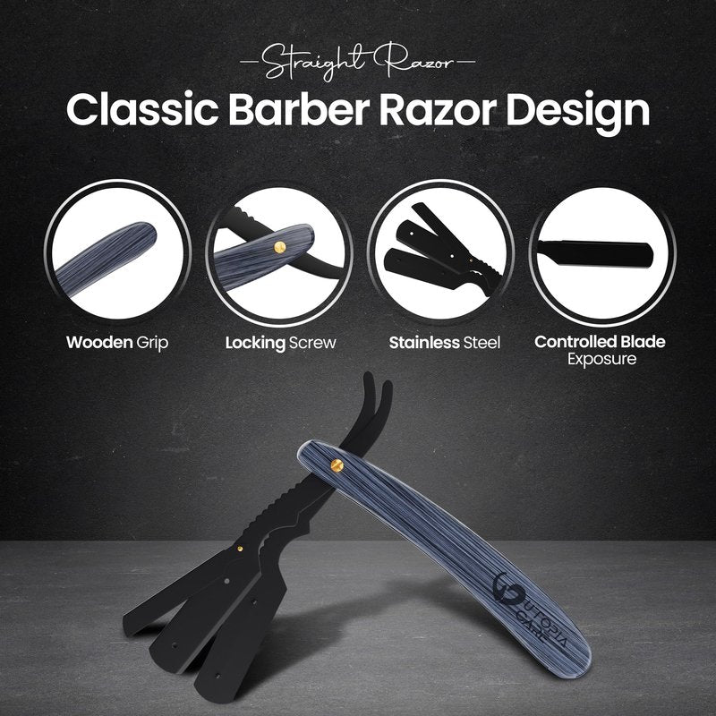 Utopia Care Straight Razors For Men, Professional Barber Straight Edge Razor with 100 Single Edge Blades, Stainless Steel, Beard Shaving Kit For Men, Premium Smooth Wooden Grip, Black