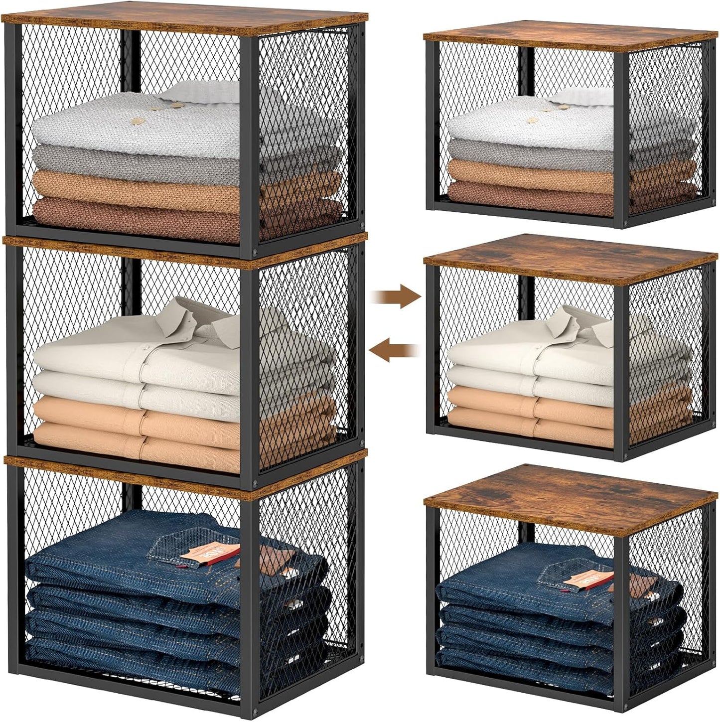 Stackable Closet Organizers - Multifunctional Storage Baskets with Wood Top | 3 Pack, Black
