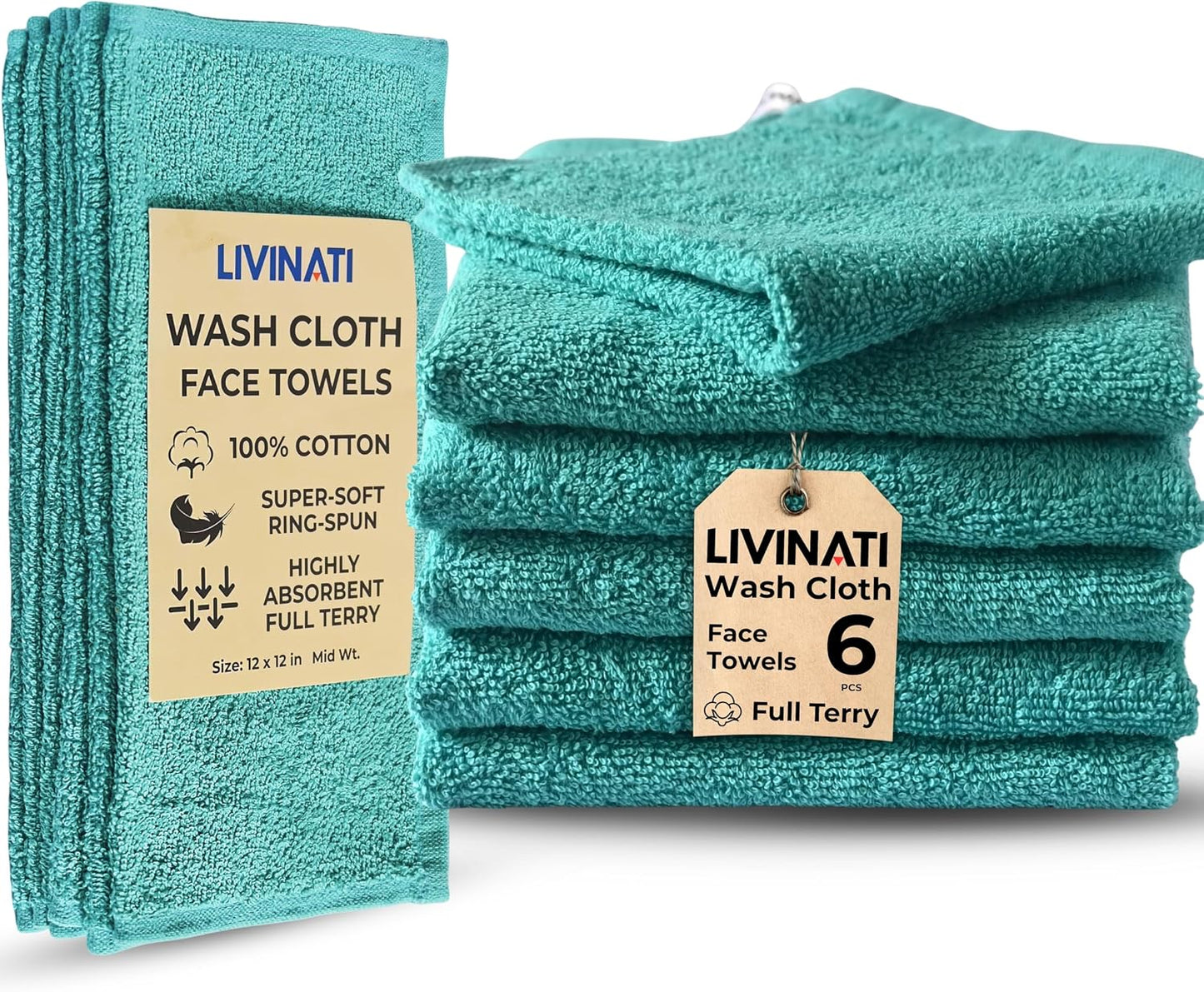 Cotton Wash Cloths - Soft Absorbent 100% Cotton Shower & Face Towels | 12" X 12" | 6 Pack