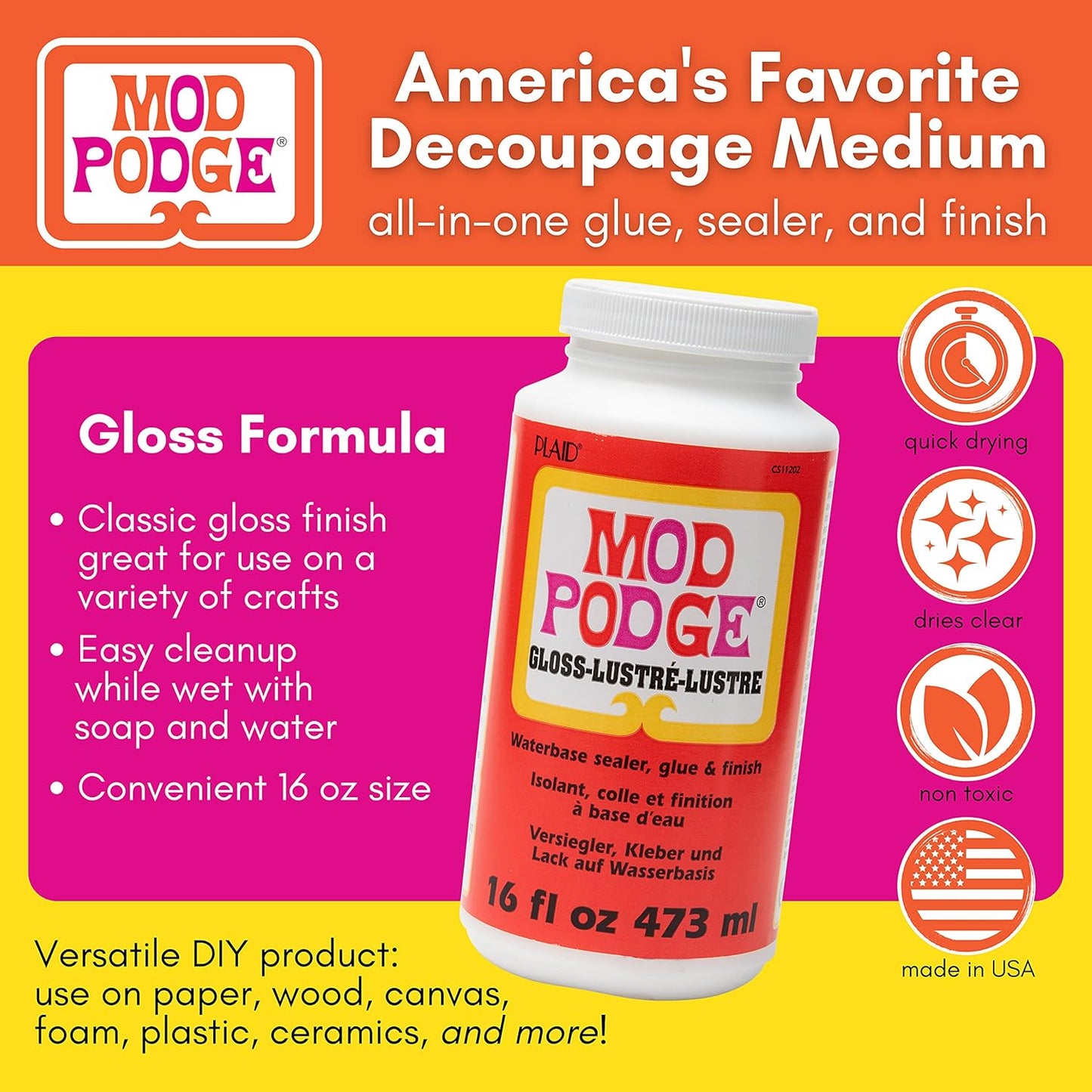 Mod Podge Gloss Sealer - All-in-One Craft Glue & Finish | Quick Dry, Non-Toxic, 16 oz.