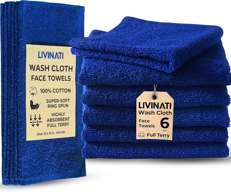 Navy Blue Cotton Wash Cloths - Soft Absorbent 12"x12" Bath Rags | 6 Pack for Adults & Kids