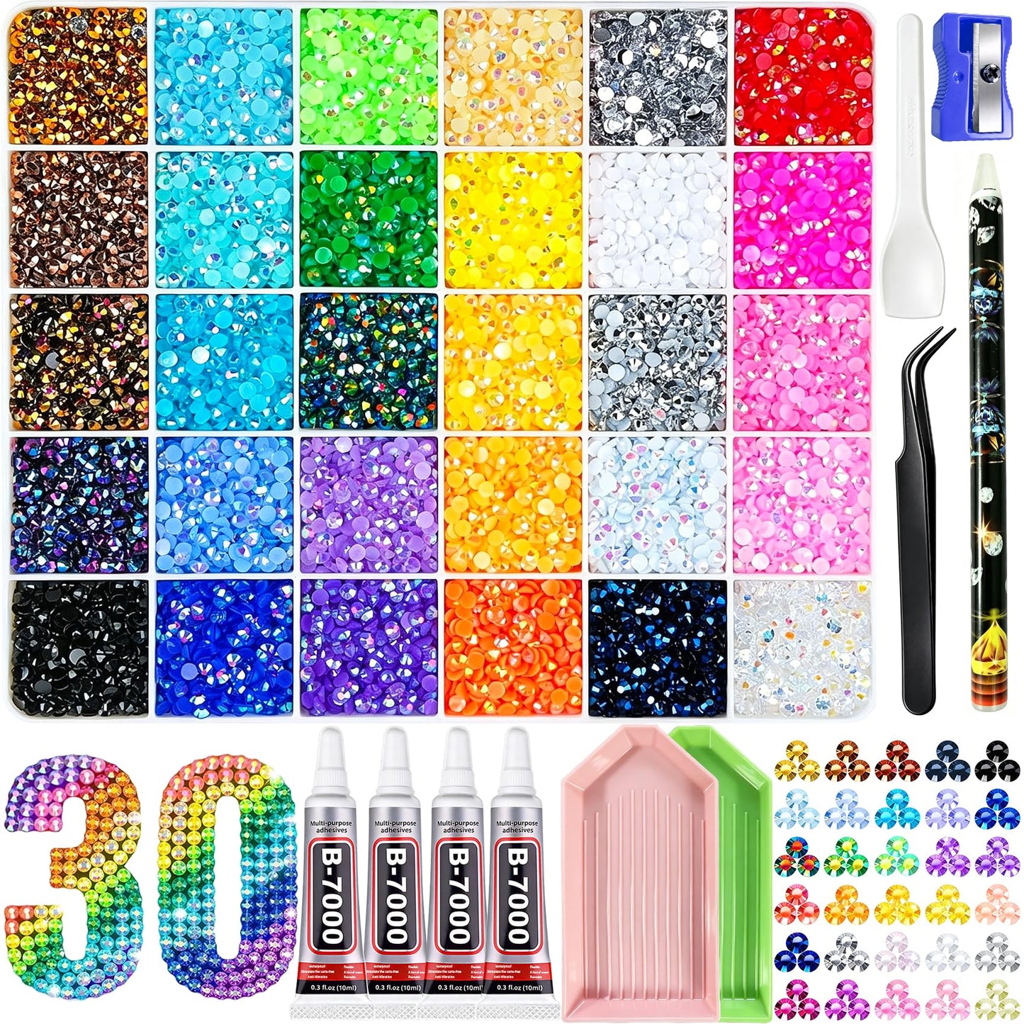 40000 Pcs Resin Jelly Rhinestones Bedazzling Kit All-in-One Bedazzler Kits with 4Pcs 10ml B7000 Jewelry Glue & Tools, 30 Colors 3mm Rhinestones Kit for Bedazzling for DIY Art & Crafts Gifts