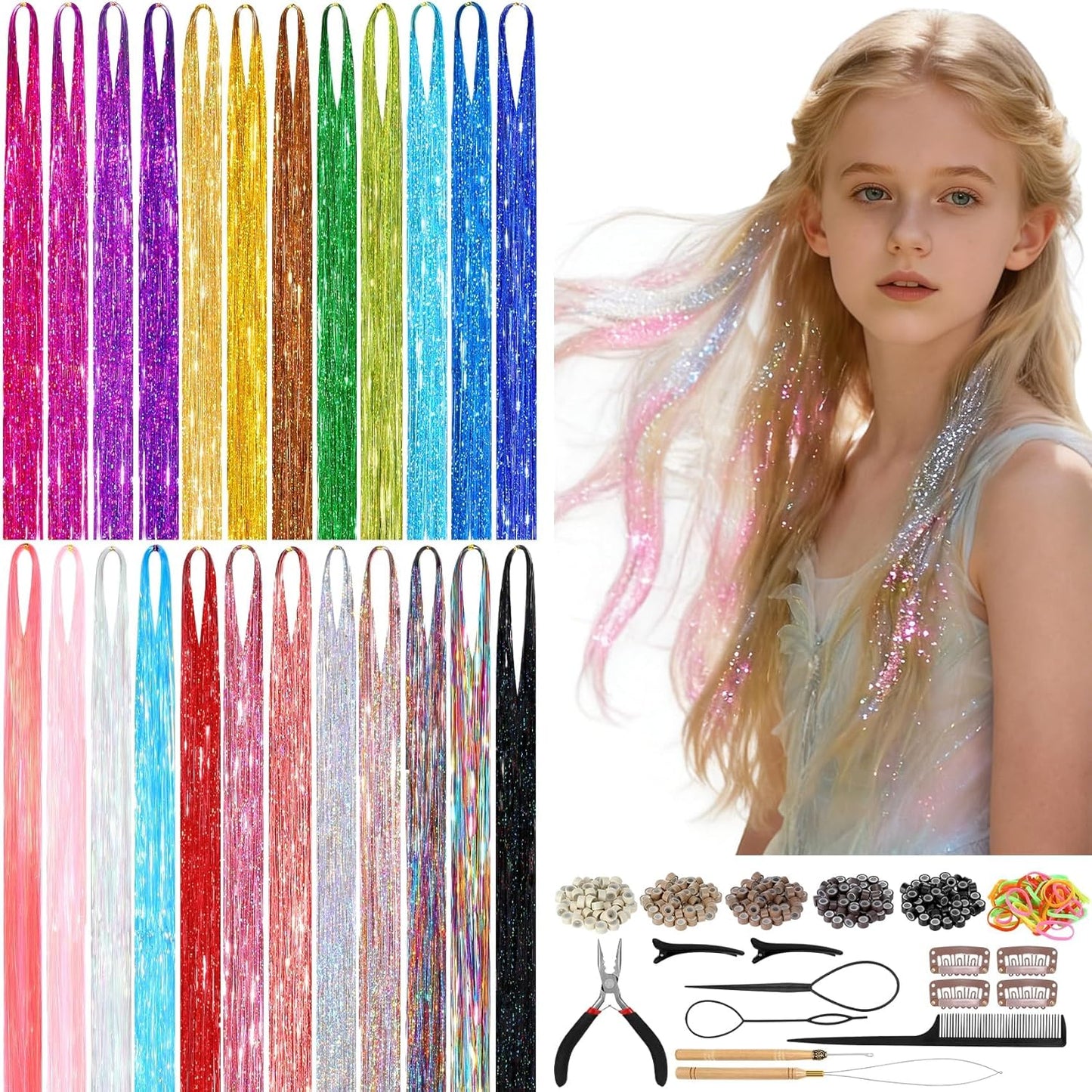 Hair Tinsel Kit - 8400 Strands Colorful Glitter Extensions | 24 Colors, 48 Inches, Heat Resistant for Parties & Concerts