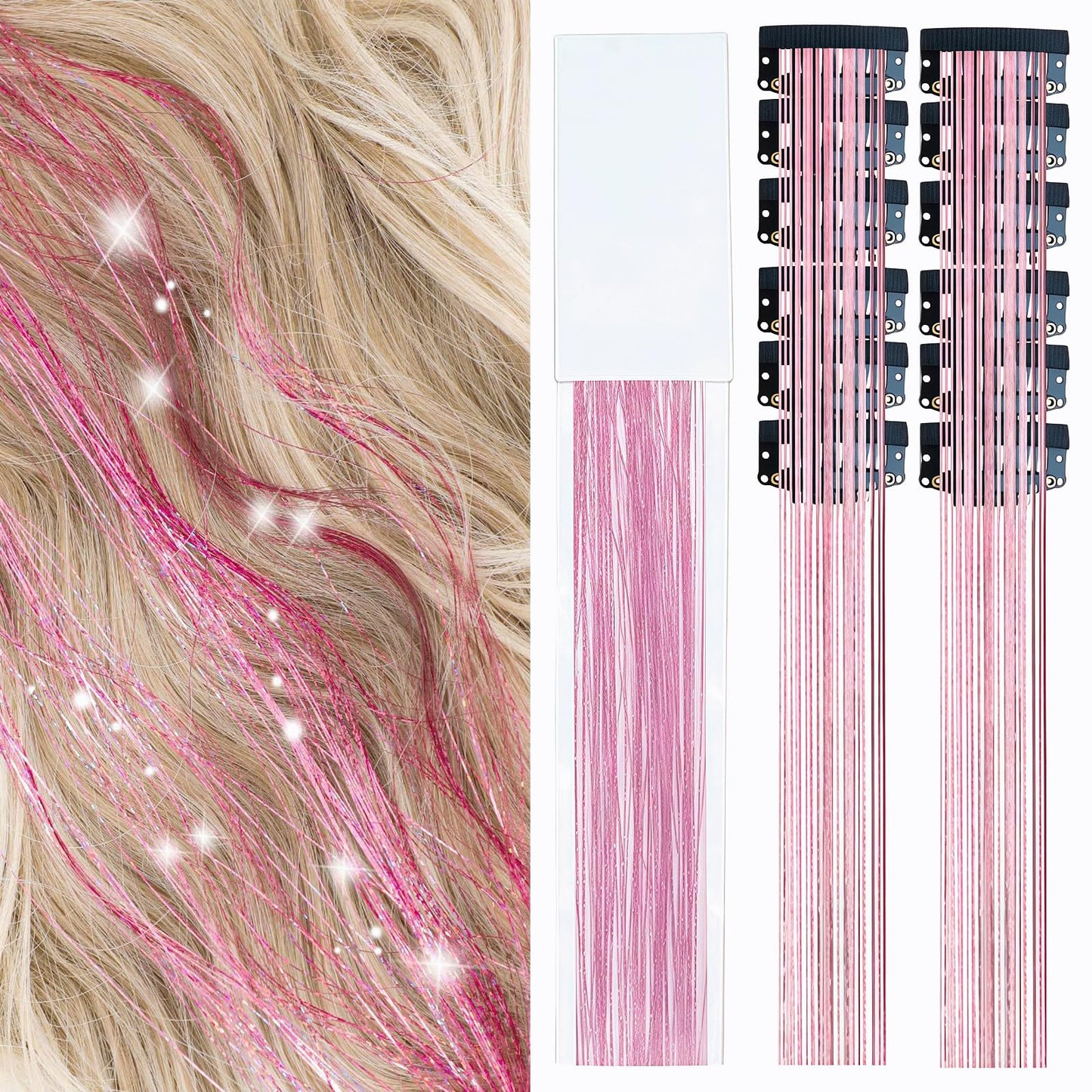 12PCS Pink Hair Tinsel Extensions, 23 Inch Pink Glitter Tinsel Hair Strands for Women, Clip-In Sparkly Hair Accessories for Parties, Festivals & Cosplay Daily Travel Birthday