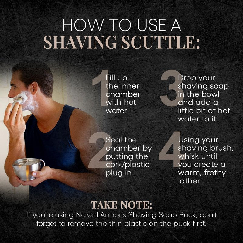 Naked Armor Silver Fox Shaving Scuttle Mug Kit With Shavette - Double Walled Stainless Steel Shaving Bowl with Shavette Straight Razor, Shaving Brush, and Organic Shave Soap - Hot Lather Wet Shave Set