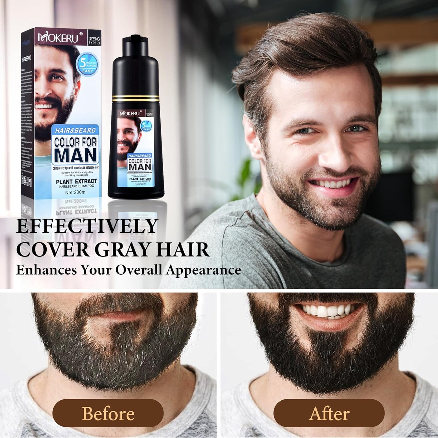 Beard Dye Shampoo for Men - 5 Minute Gray Coverage with Argan & Coconut Oil | No-Mess Formula, 200ML