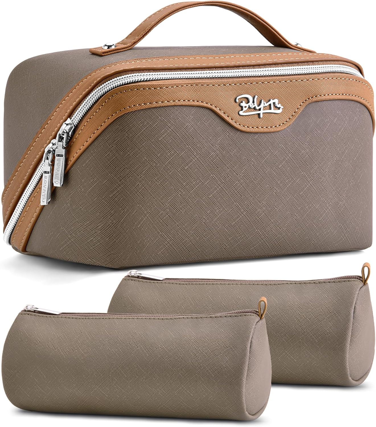 Travel Makeup Bag Organizer Set - 3 Pcs Waterproof Vegan Leather Cosmetic Bags for Women | Black
