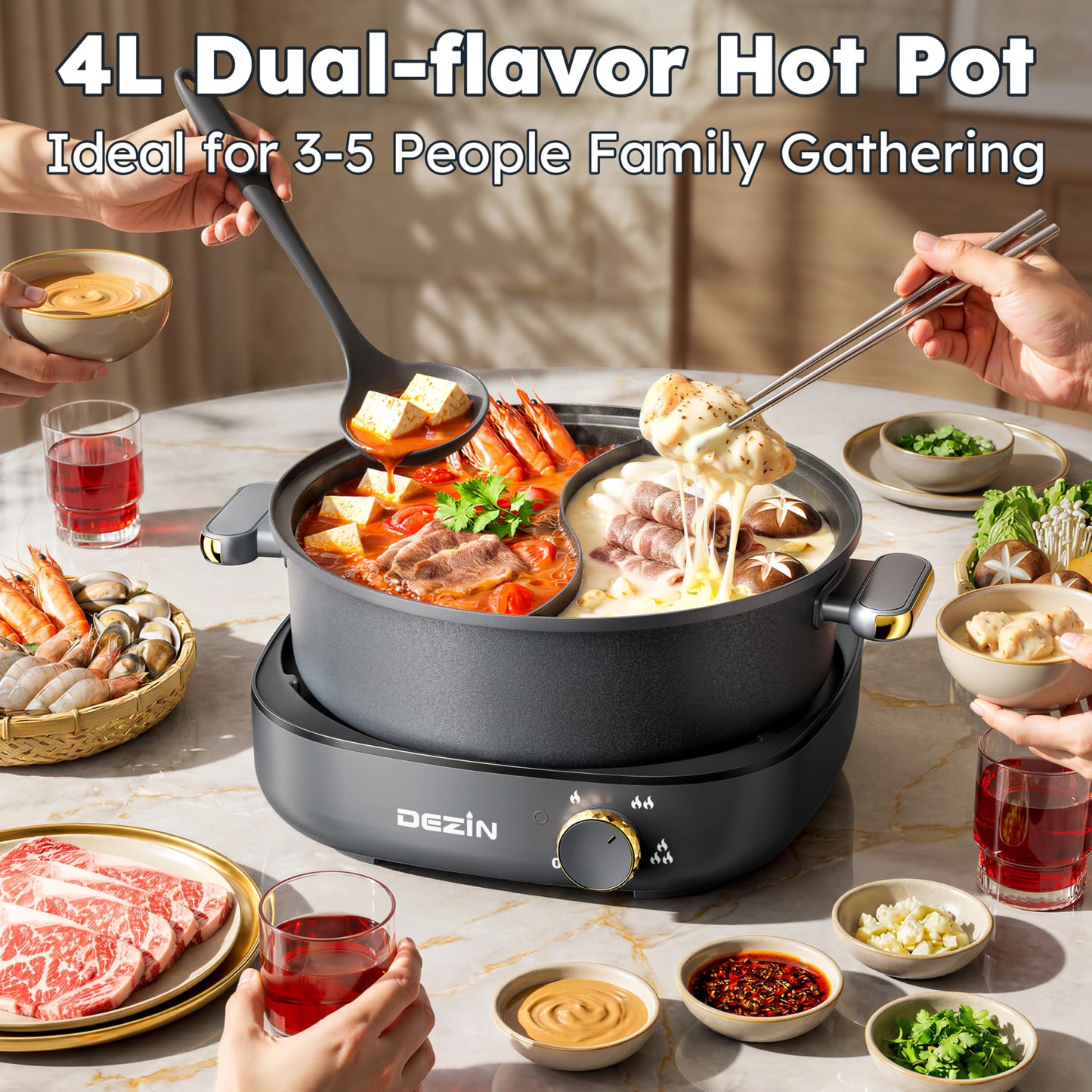 Dezin Hot Pot Electric with Divider, 4L Dual-Flavor Electric Shabu Shabu Pot, Removable Nonstick Pot Easy to Clean, Multi-Power Control for Family & Friends Gathering, Silicone Ladle Included