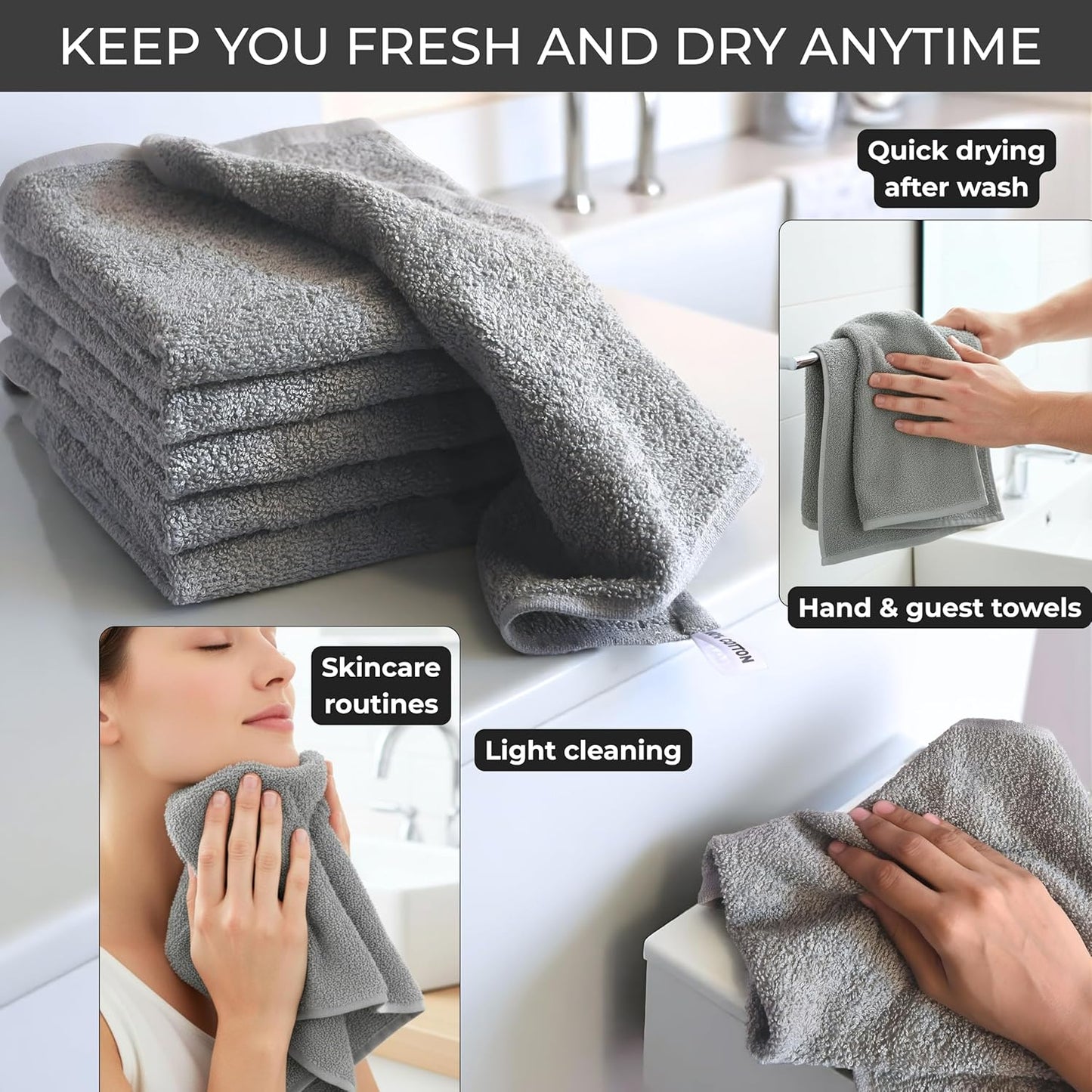 100% Cotton Wash Cloths - Soft Absorbent Terry Towels for Body & Face | 12"X12" 6 Pack