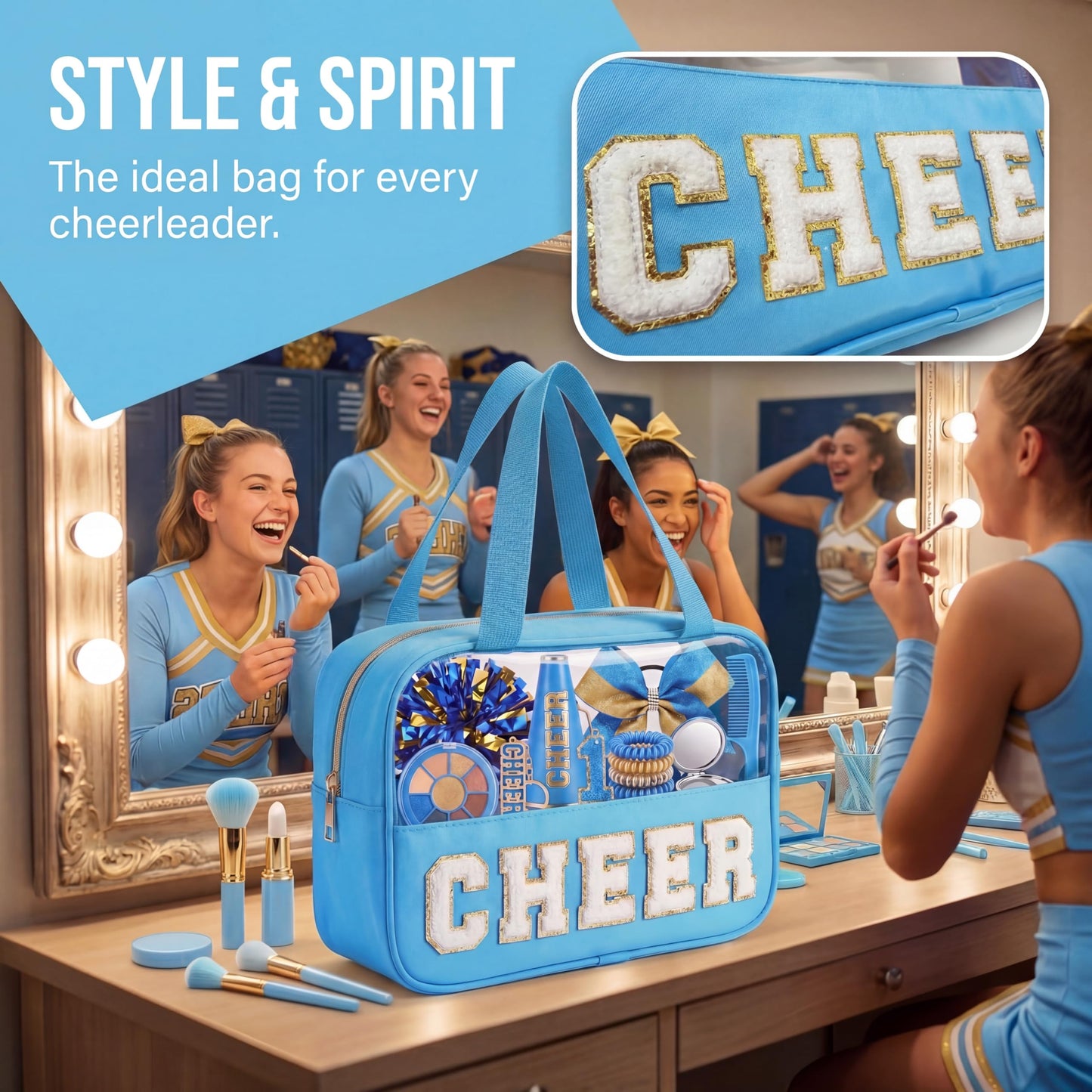 KYTACCU Cheer Makeup Bag Cheerleader Gifts Cheer Chenille Letter Cosmetic Bag Cheerleading Competition Accessories Clear Travel Toiletry Pouch for Girls Women-Sky Blue