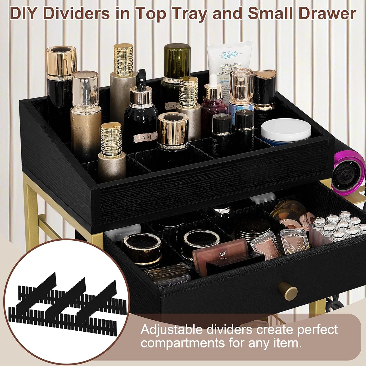 Makeup Organizer Cart - Rolling Vanity Storage with 3 Drawers & Detachable Hair Tool Holder | Gold & Black