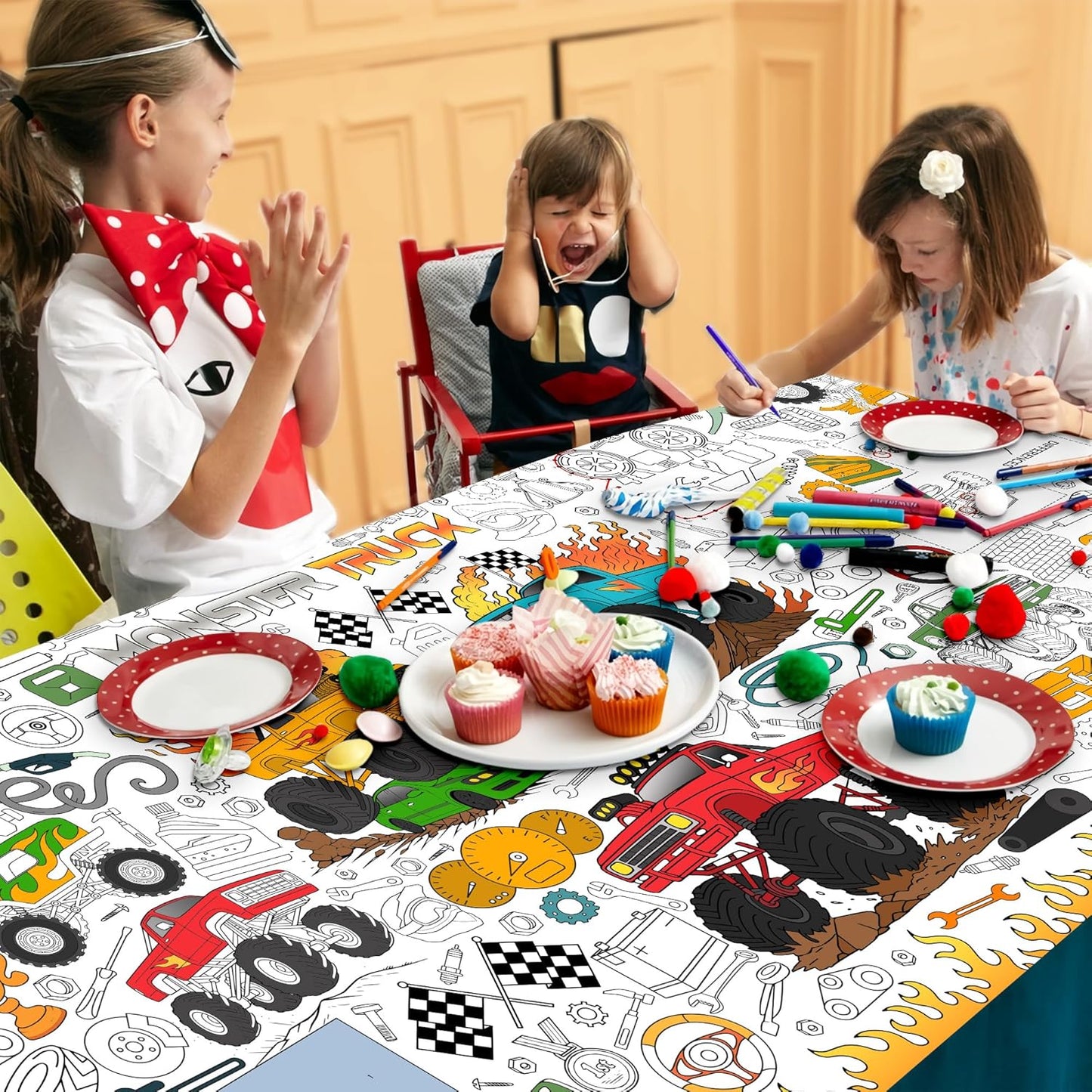 Monster Truck Coloring Tablecloth - Large 30x72 Inch for Kids | Perfect for Birthday Parties & Classroom Fun