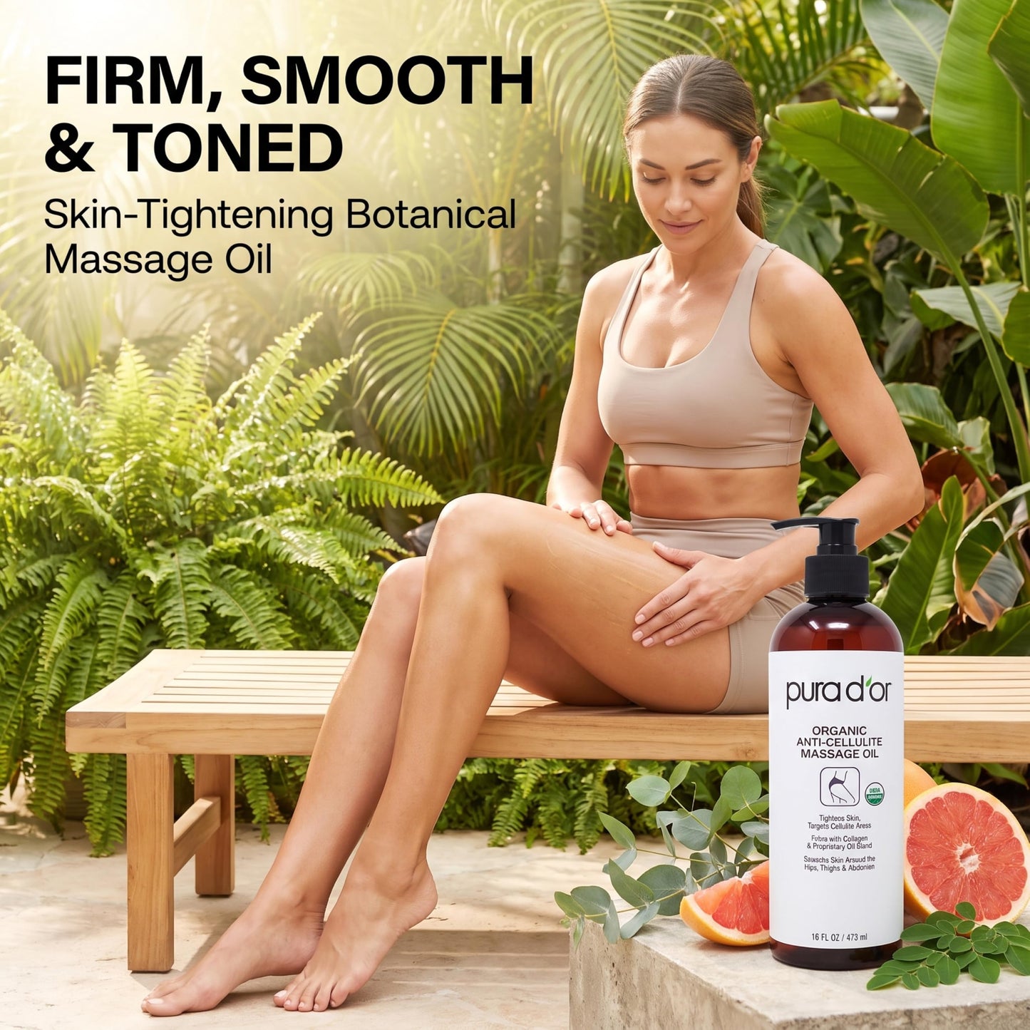PURA D’OR 16 Oz Organic Anti-Cellulite Massage Oil for Toned Legs and Butt - Lemon Peel, Moringa, Grape Seed, Grapefruit & Eucalyptus Oils - Skin Firming & Tightening