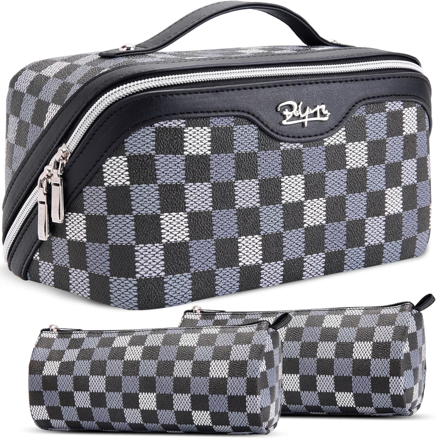Travel Makeup Bag Organizer Set - 3 Pcs Waterproof Vegan Leather Cosmetic Bags for Women | Black