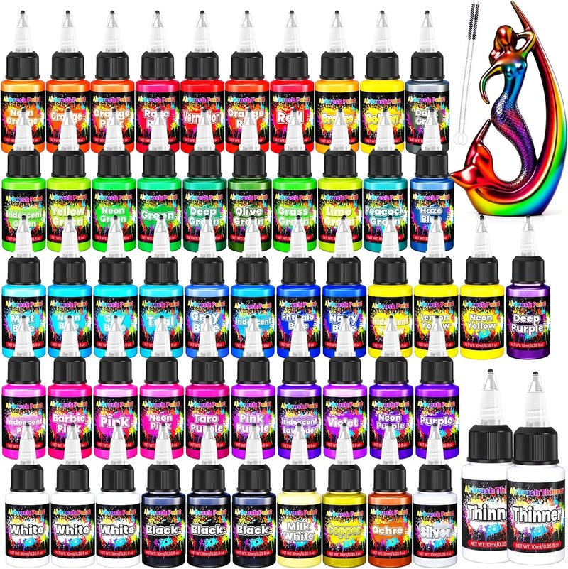 Airbrush Paint Set - 54 Vibrant Colors with 2 Thinners | Water-Based Acrylic for Models, Cars, Fabrics & More