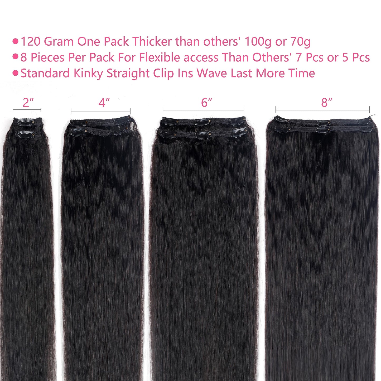 Mihugass Kinky Straight Clip In Hair Extensions Human Hair For Black Women Kinky Straight Clip Ins #1B Natural Color Full Volume Natural Texture for Daily Wear Work Travel 8pcs 120g 22 Inch