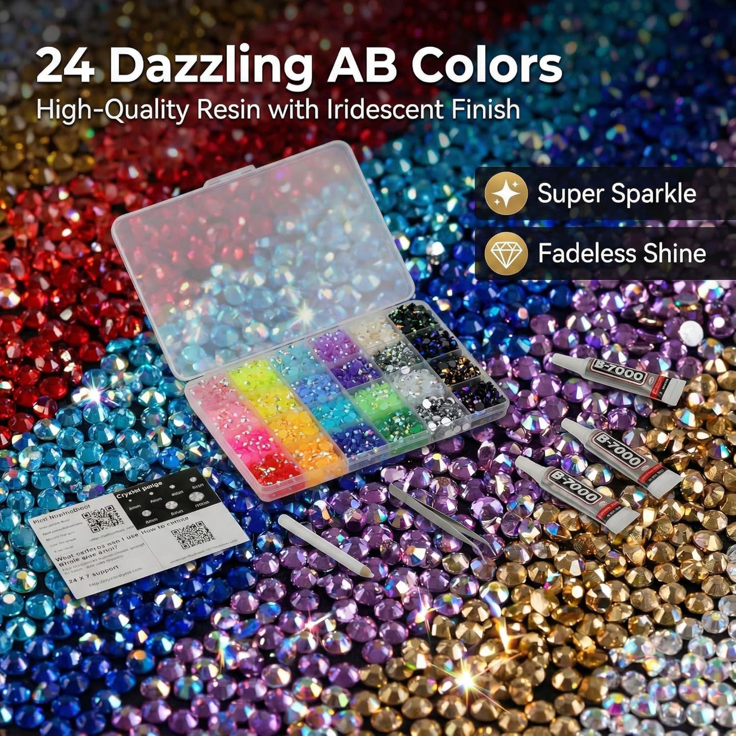 Rhinestones Bedazzling Kit - 33,000 Pcs 3mm Flatback Resin Crystals for Crafts & Clothing | Rainbow Colors with B-7000 Glue