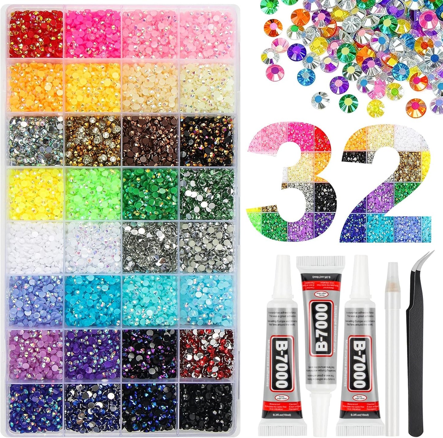 Jelly Resin Rhinestones - 45000 Pcs 32 Colors Flatback Gems for Crafting | 3mm Multicolor Bedazzler Kit with B7000 Jewelry Glue