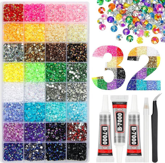 Jelly Resin Rhinestones - 45000 Pcs 32 Colors Flatback Gems for Crafting | 3mm Multicolor Bedazzler Kit with B7000 Jewelry Glue