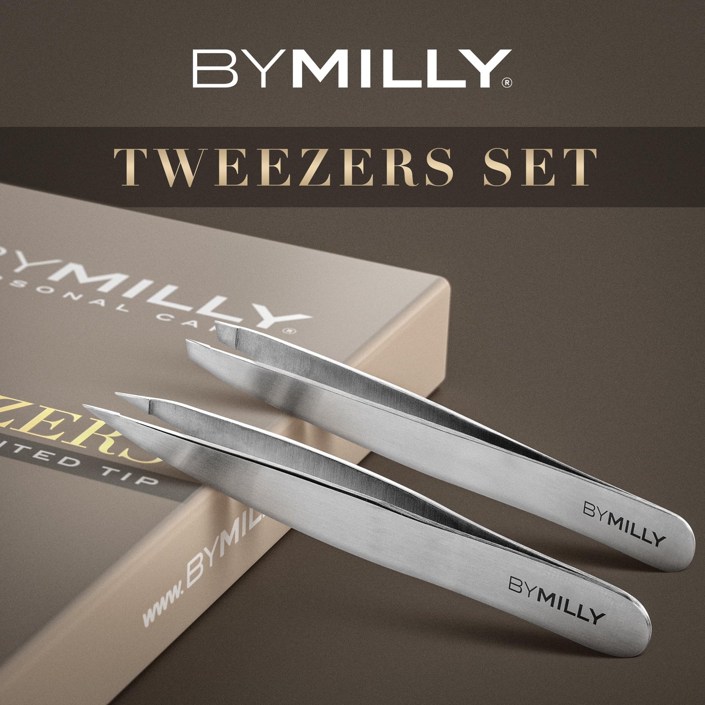 By MILLY Precision Tweezers Set | Slanted and Pointed Tip Tweezers Kit | High Carbon Stainless Steel | Aligned & Hand-Filed Tweezer Set Professional | Hair Removal & Eyebrow Tweezer Set | Silver
