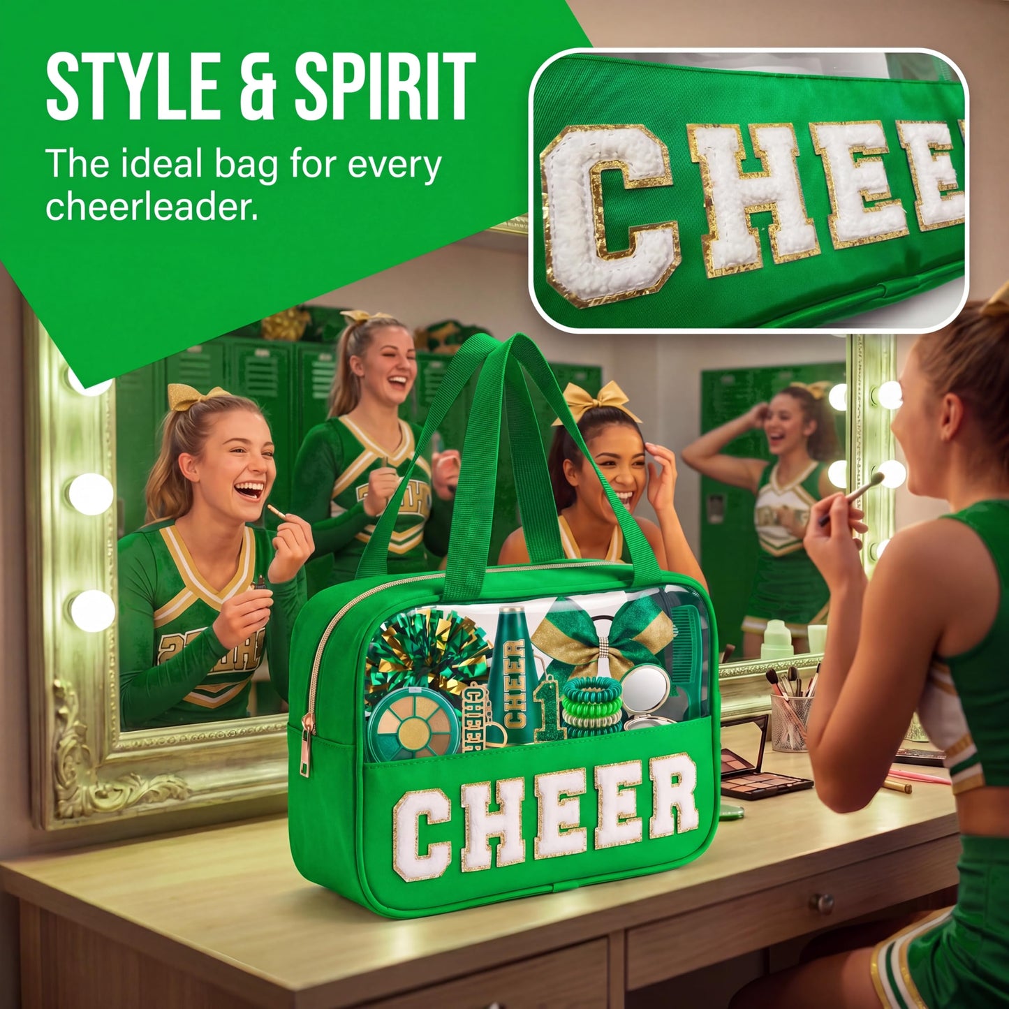 KYTACCU Cheer Makeup Bag Cheerleader Gifts Cheer Chenille Letter Cosmetic Bag Cheerleading Competition Accessories Clear Travel Toiletry Pouch for Girls Women-Green