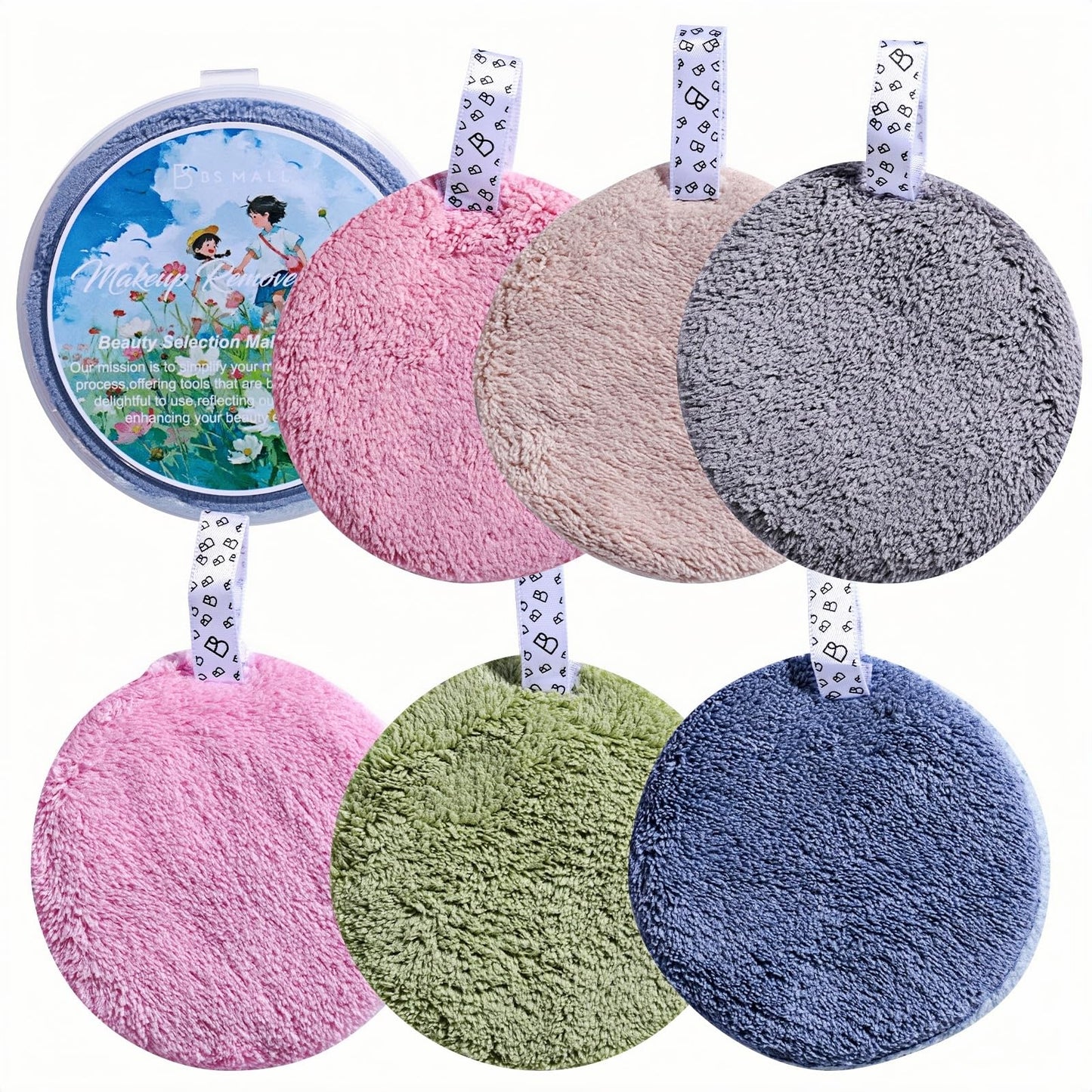 BS-MALL 6 Pcs Reusable Makeup Remover Pads with Round Box - Soft Micellar Water Wipes for Eye Shadow & Facial Cleansing - Gentle for All Skin Types - Perfect Women Gifts