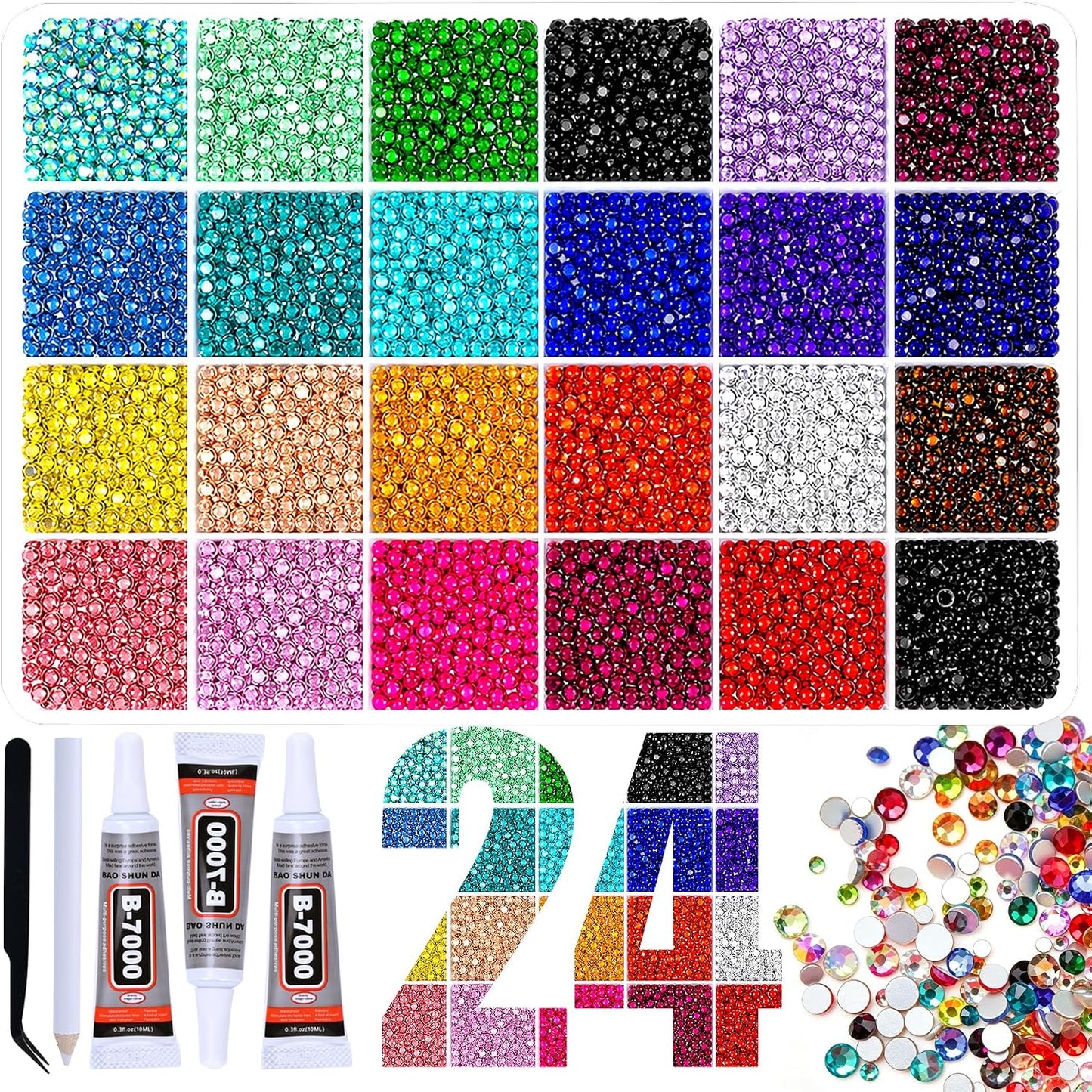 Flatback Rhinestones Bedazzling Kit - 40 Colors, 40000 Pcs with 3 Bottles B7000 Glue for Crafts | Jewelry, Clothes, Nails