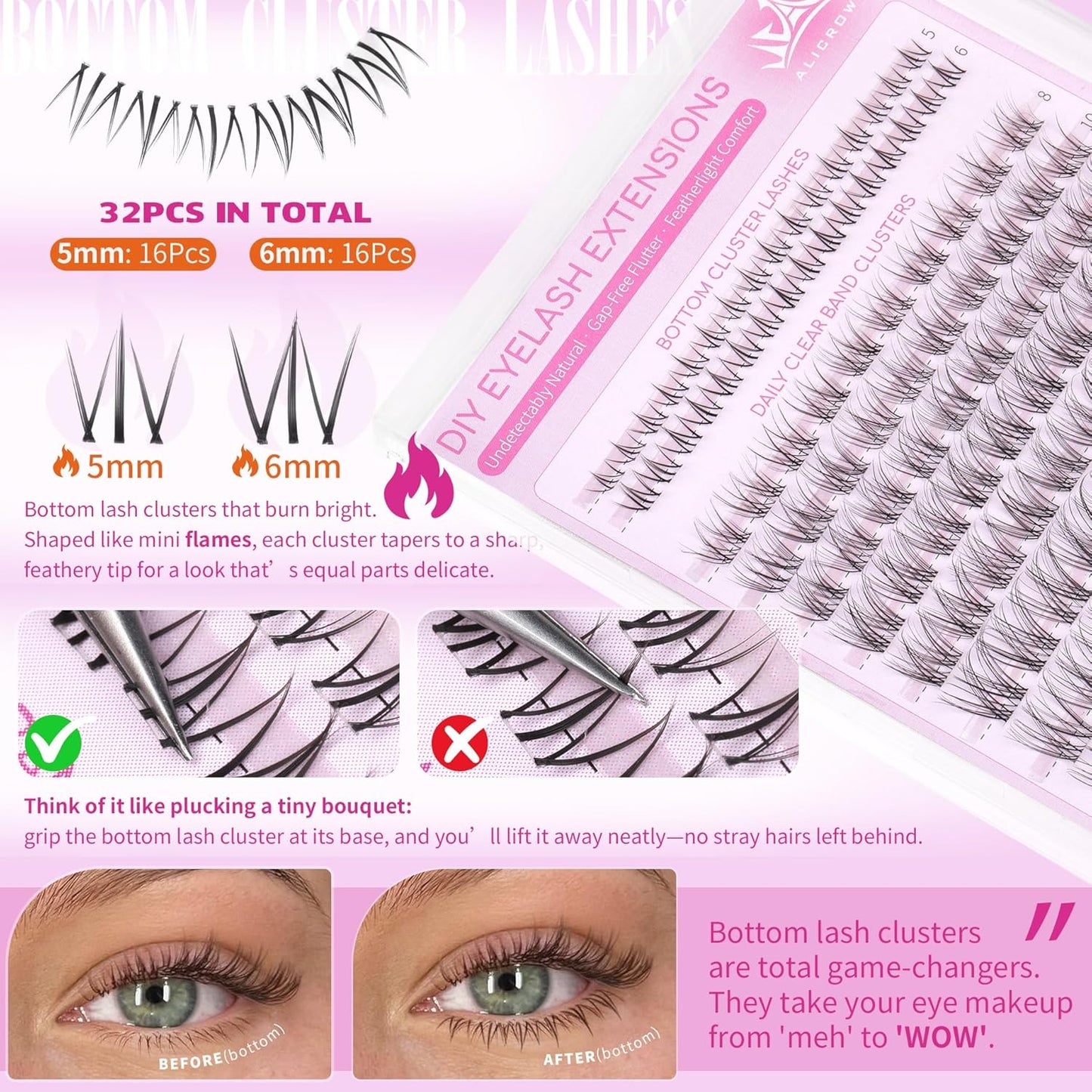 Eyelash Clusters Kit - Natural Wispy C Curl Lash Extensions with Bottom Lashes | 132 Pcs DIY Set