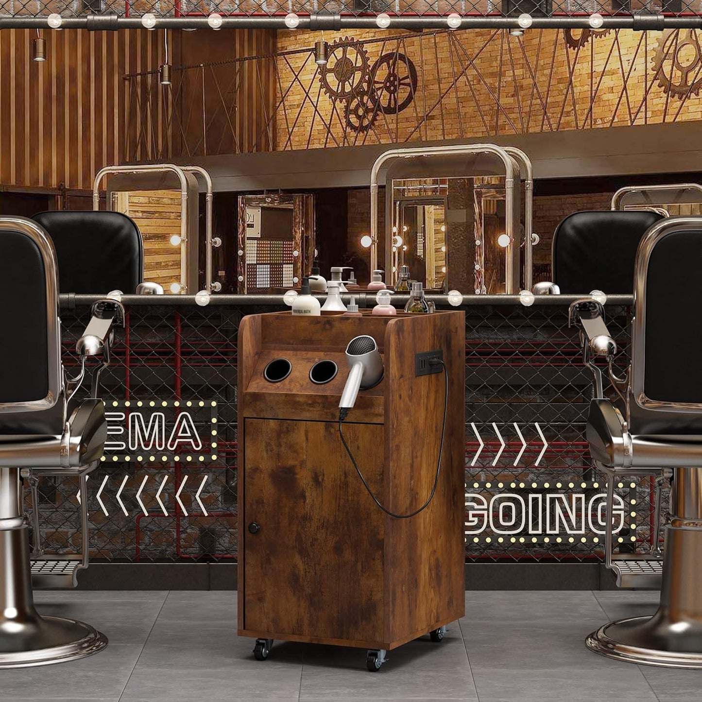 Salon Trolley Cart with Charging Station - Sturdy Rustic Brown | Hair Stylist Equipment