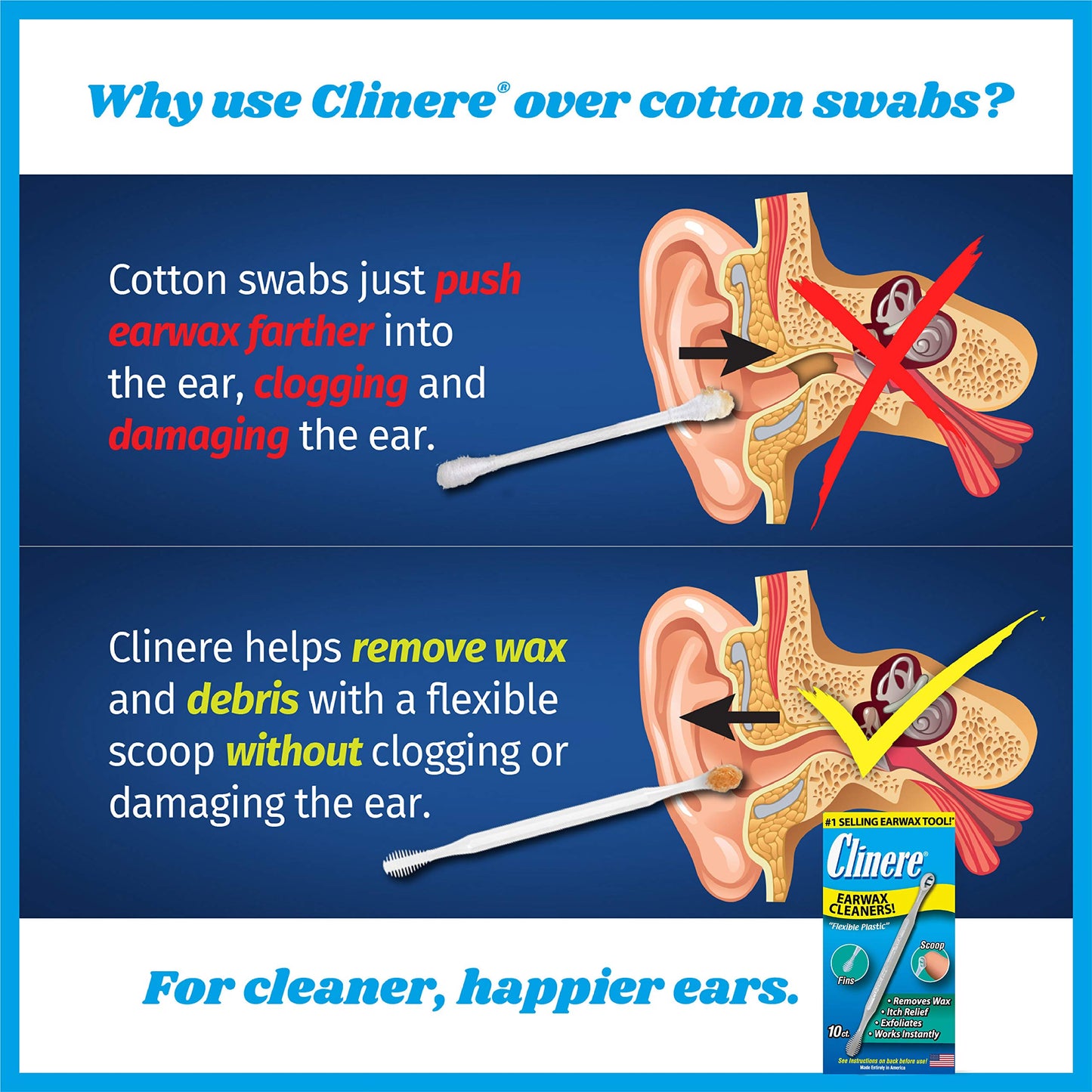 Clinere® Ear Cleaners, Gentle Ear Cleaning and Ear Wax Removal Tool, Itch Relief, Exfoliates, 10 Count