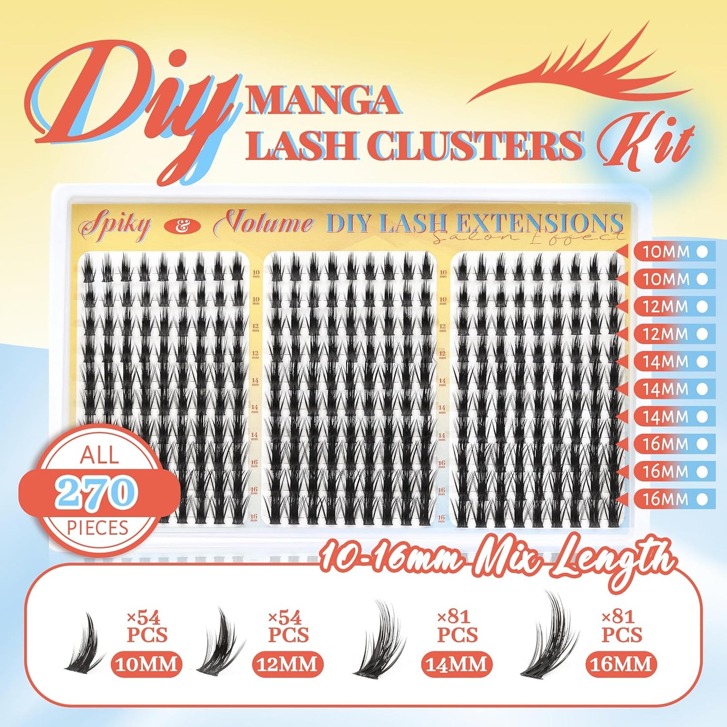 Manga Lash Clusters Kit - Spiky Anime Eyelash Extensions 270 Pcs | D Curl, 10-16mm, Fluffy & Natural Look
