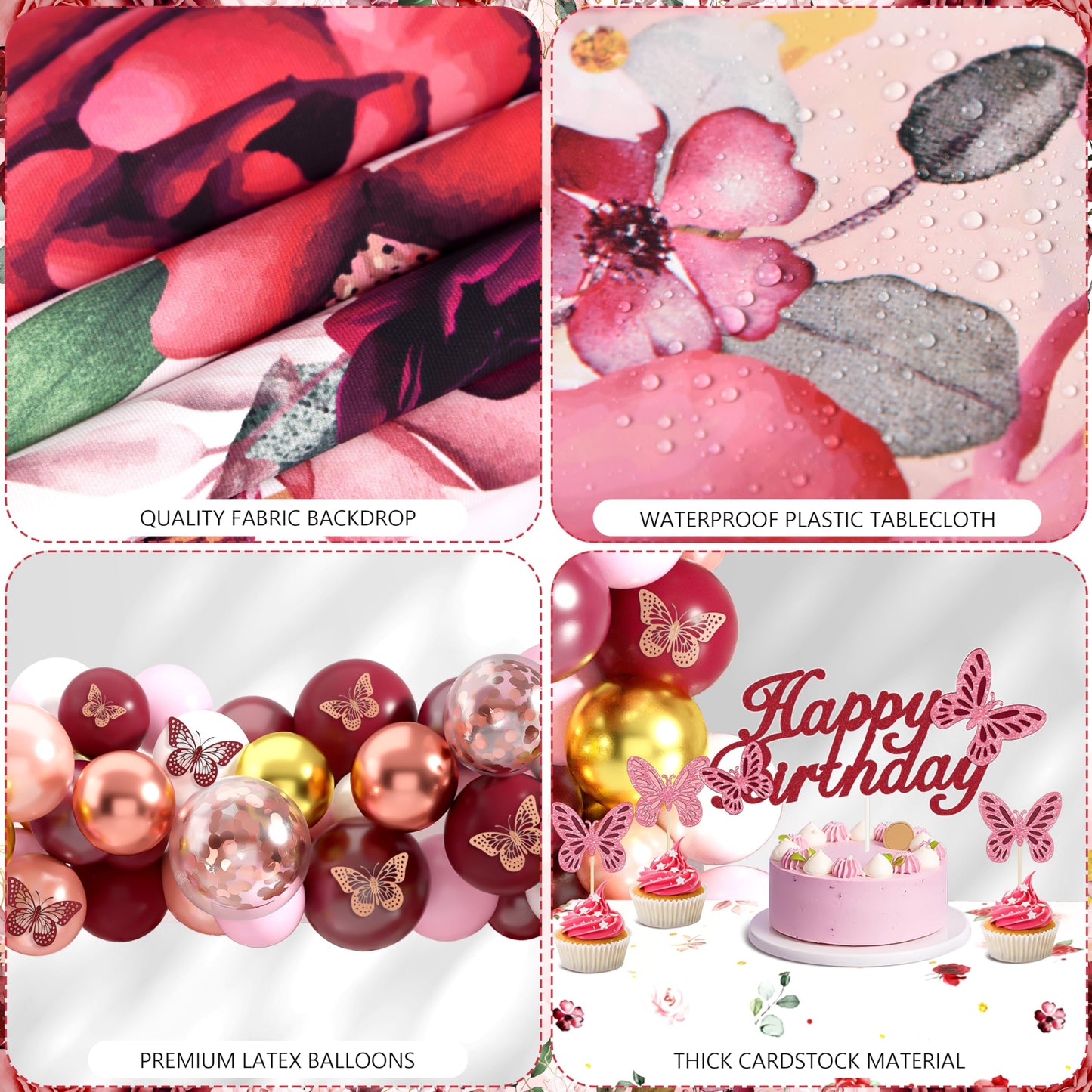 Burgundy Birthday Decorations for Women Girls, 144PCS Red and Rose Gold Party Supplies with Happy Birthday Banner & Backdrop, Tablecloth, 3D Butterfly Stickers, Balloon Arch Kit for Birthday Decor