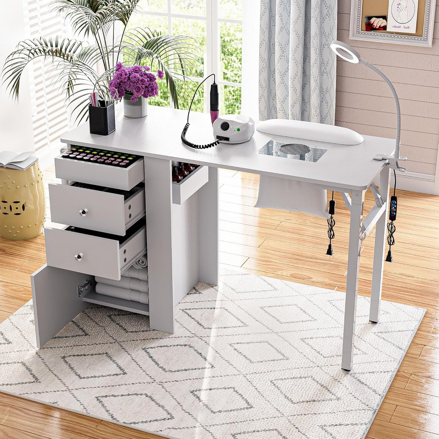 Foldable Nail Table - Manicure Desk with Dust Collector & LED Lamp | Compact Salon Workstation (White)