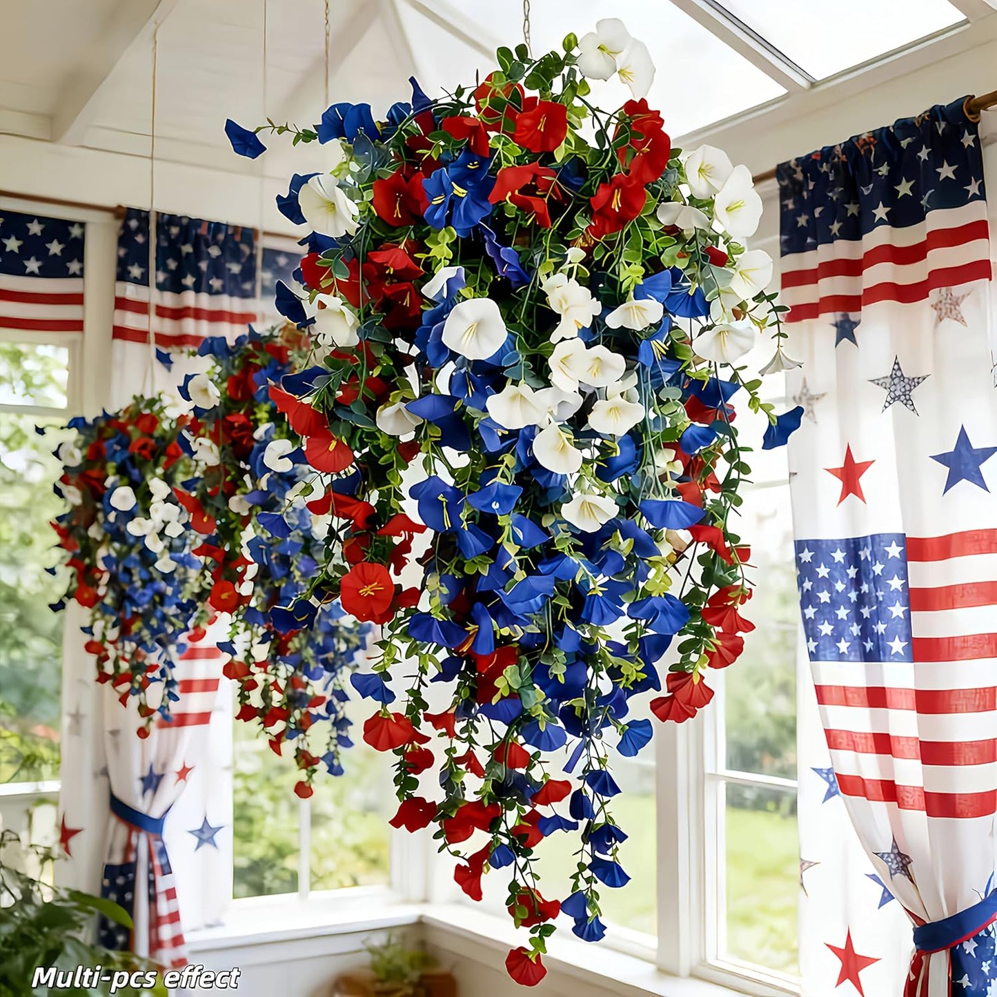 Patriotic Hanging Artificial Flowers - 3-Piece Red, White & Blue Floral Baskets | 4th of July & Memorial Day Outdoor Decor