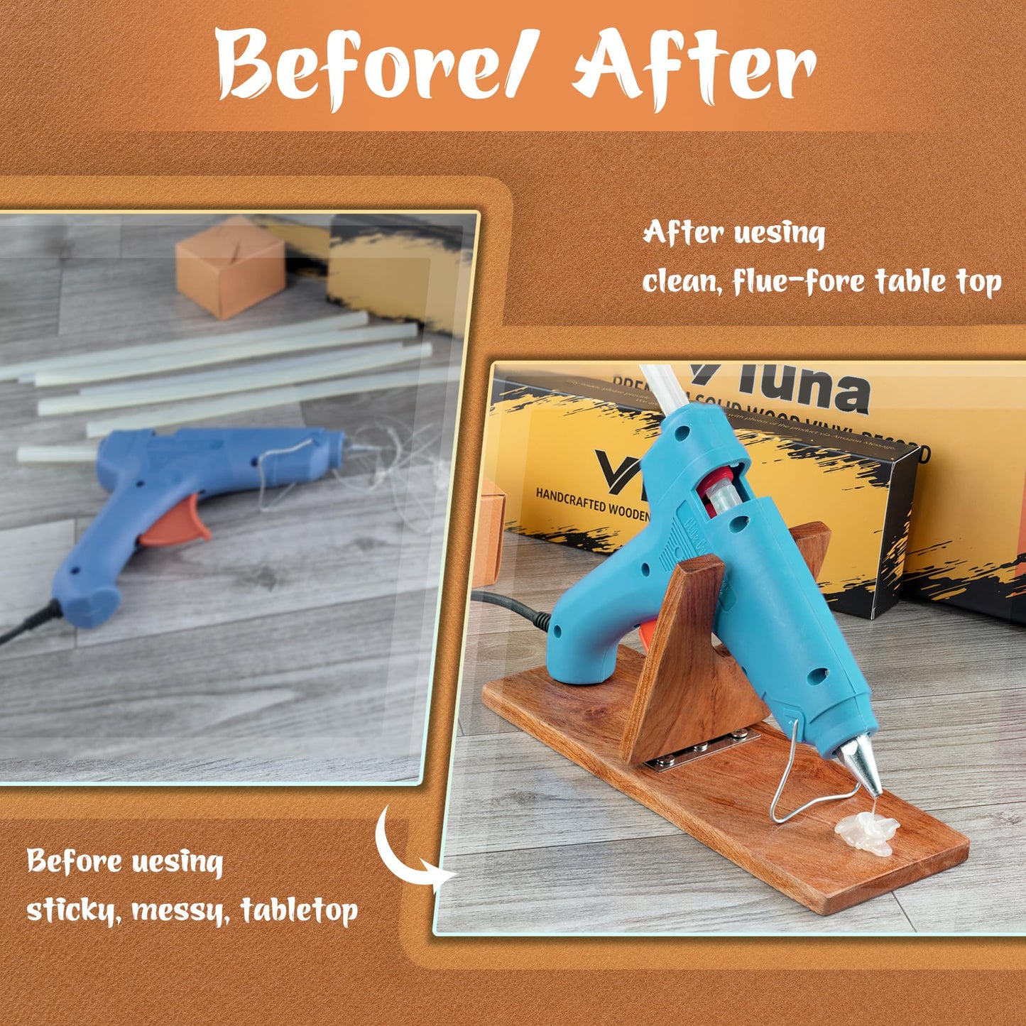 VTUNA Wooden Glue Gun Holder Stand, Hot Melt Adhesive Supporting Tool, Melting Glue Dispenser Foldable Base, Glue Applying Tool Holder