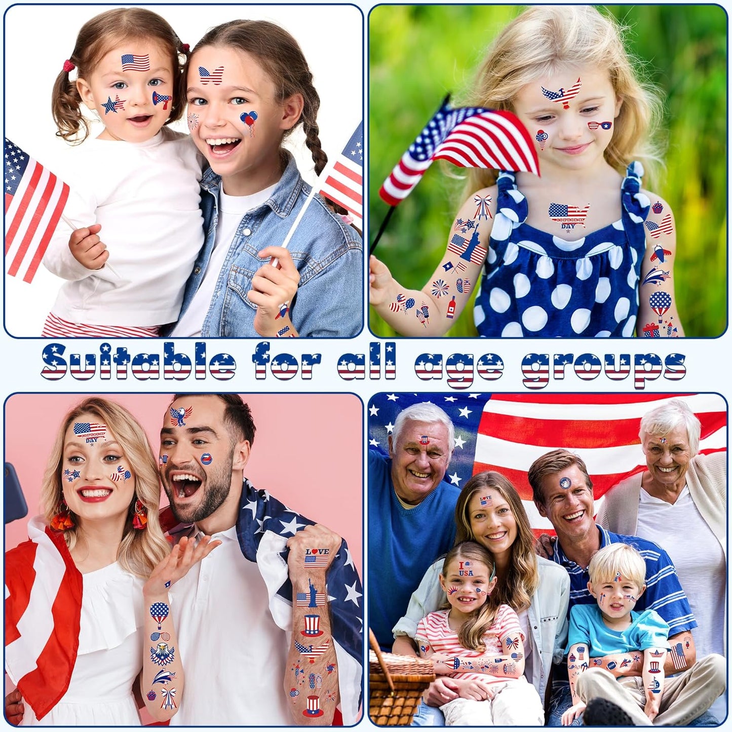 Fourth of July Tattoos for Kids - 106 PCS Patriotic Temporary Stickers | American Flag Red, White & Blue Decor