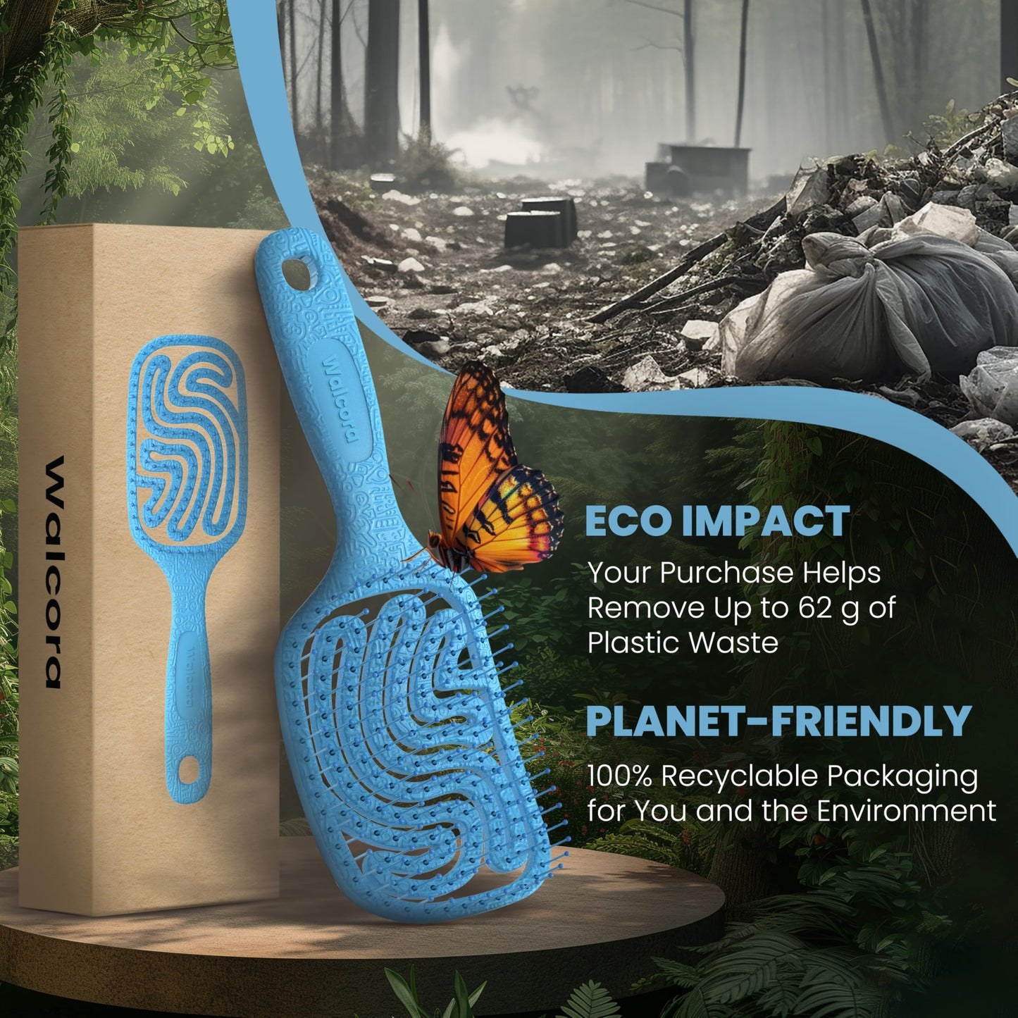 Walcora Detangler Brush – Pain-Free Detangling Hair Brush for Wet & Dry Hair – Effortless Detangling Brush for Curly, Fine, Thick & Tangled Hair – Hairbrush for Women, Men & Kids – Blue