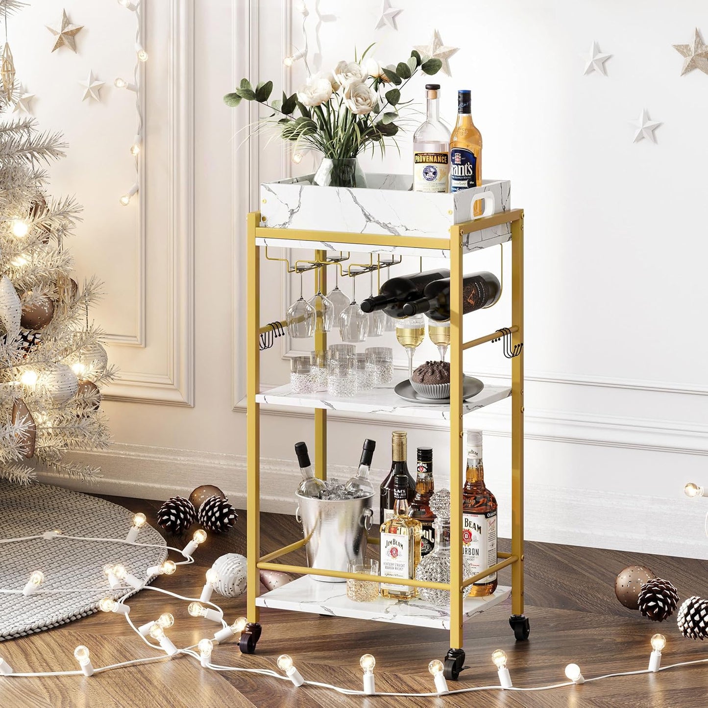Gold Bar Cart - 3-Tier Rolling Beverage Cart with Removable Tray & Wine Rack | Stylish Small Drink Cart for Kitchen & Living Room